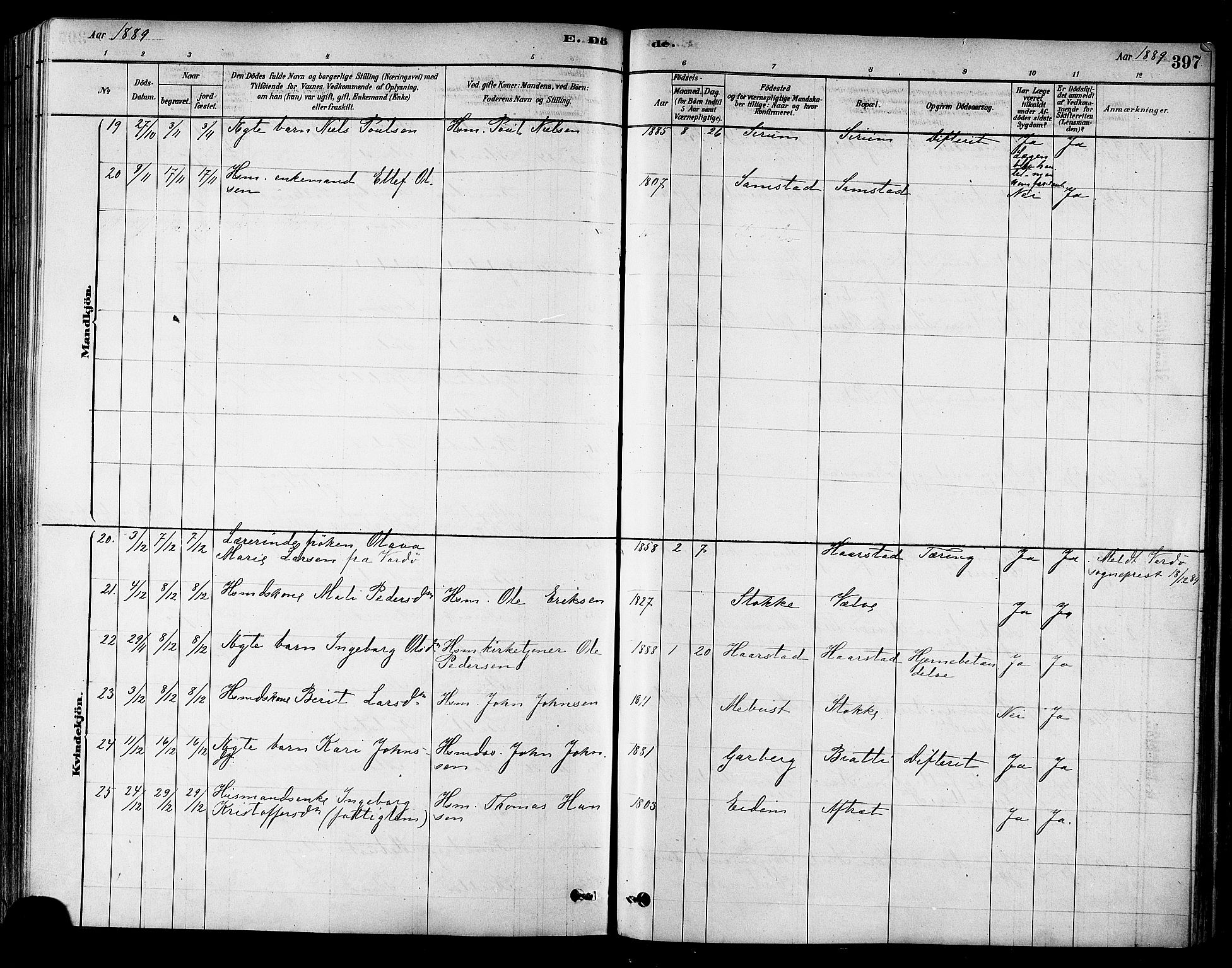Ministerialprotokoller, klokkerbøker og fødselsregistre - Sør-Trøndelag, SAT/A-1456/695/L1148: Parish register (official) no. 695A08, 1878-1891, p. 397