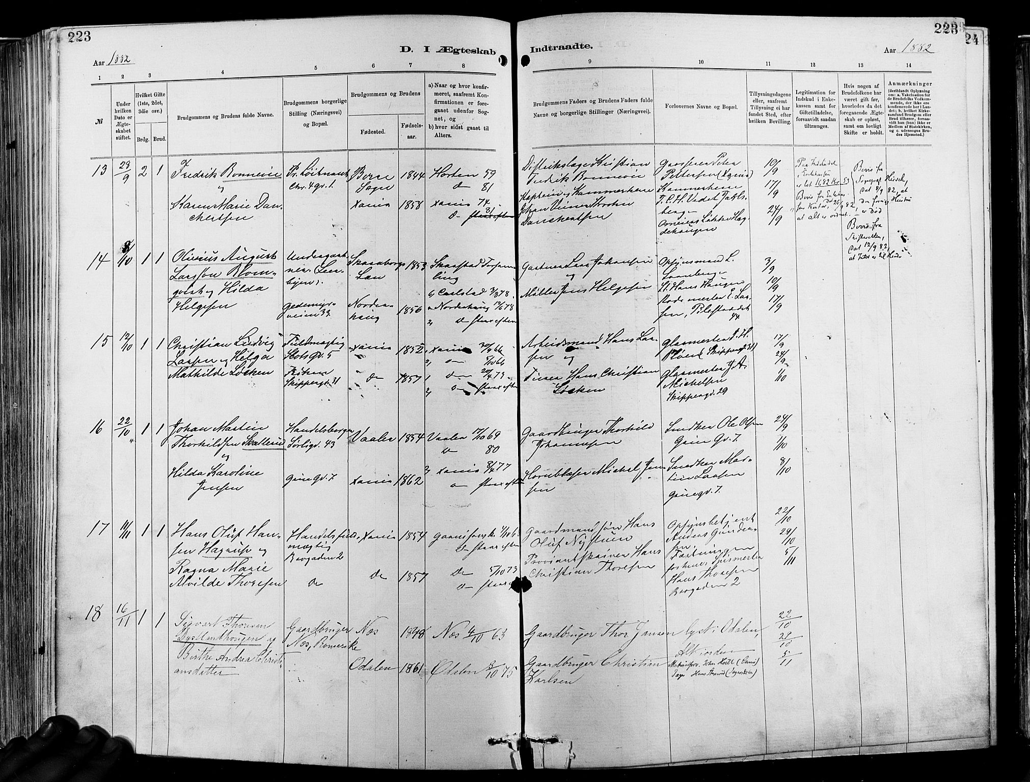 Garnisonsmenigheten Kirkebøker, AV/SAO-A-10846/F/Fa/L0012: Parish register (official) no. 12, 1880-1893, p. 223