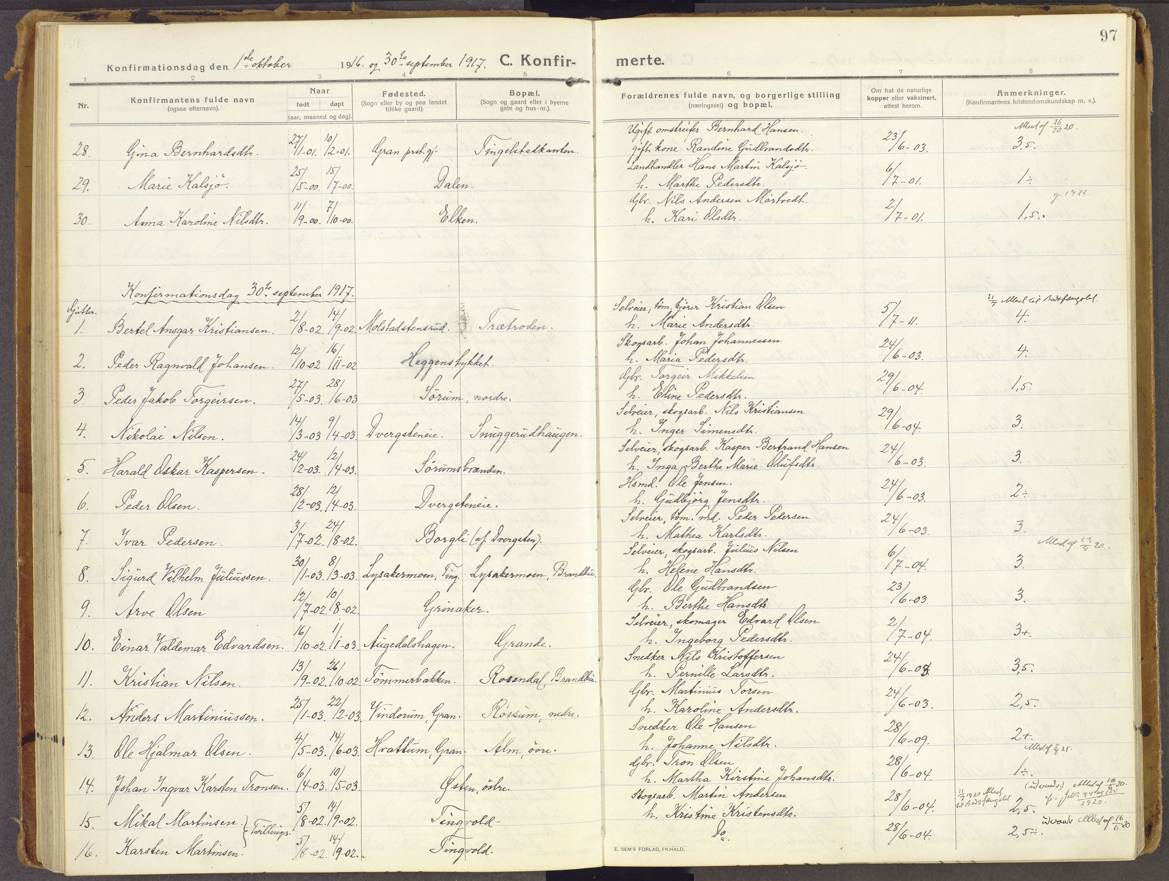 Brandbu prestekontor, SAH/PREST-114/H/Ha/Haa/L0003: Parish register (official) no. 3, 1914-1928, p. 97