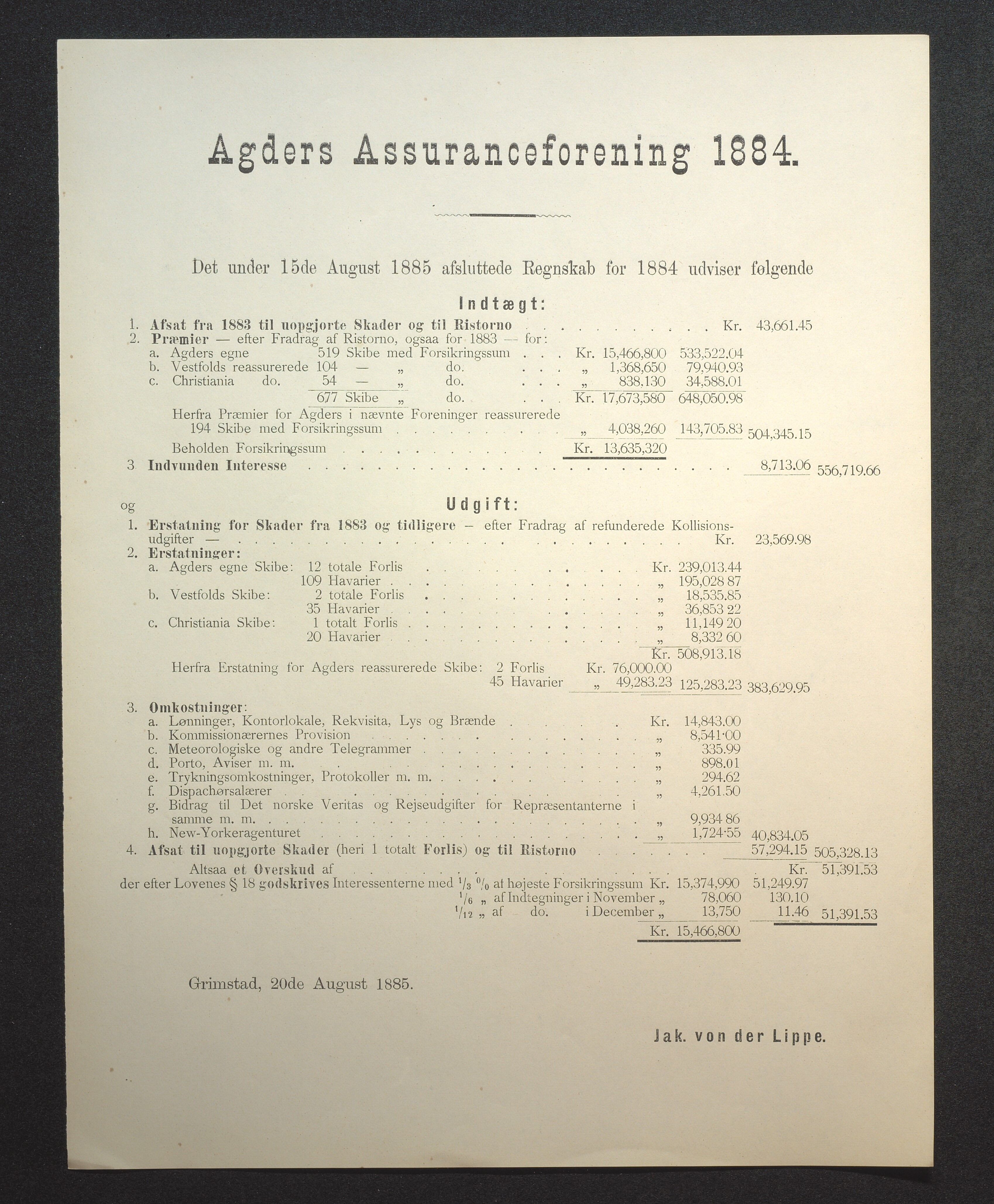 Agders Gjensidige Assuranceforening, AAKS/PA-1718/05/L0002: Regnskap, seilavdeling, pakkesak, 1881-1889