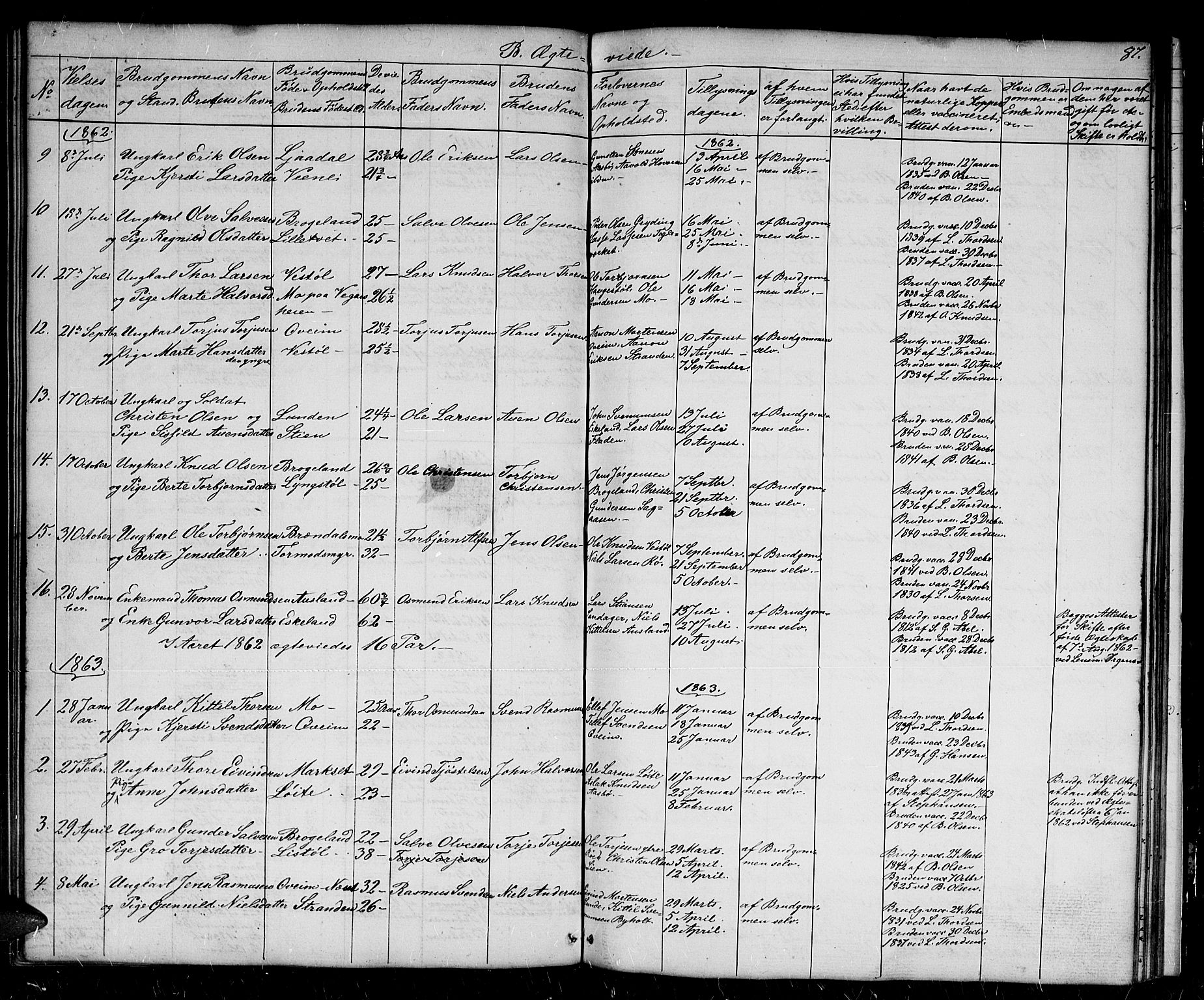 Gjerstad sokneprestkontor, SAK/1111-0014/F/Fb/Fba/L0005: Parish register (copy) no. B 5, 1853-1867, p. 87