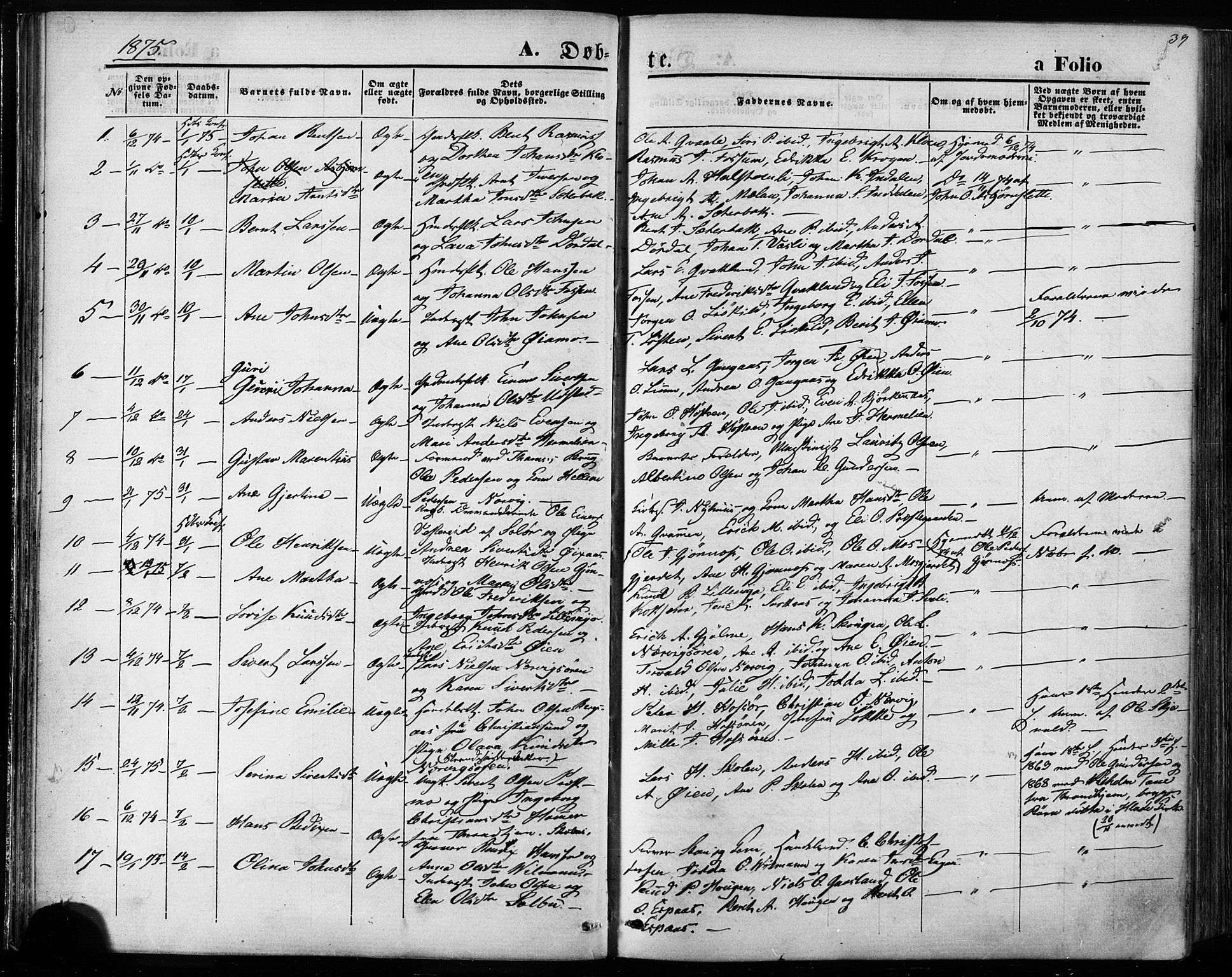 Ministerialprotokoller, klokkerbøker og fødselsregistre - Sør-Trøndelag, SAT/A-1456/668/L0807: Parish register (official) no. 668A07, 1870-1880, p. 39