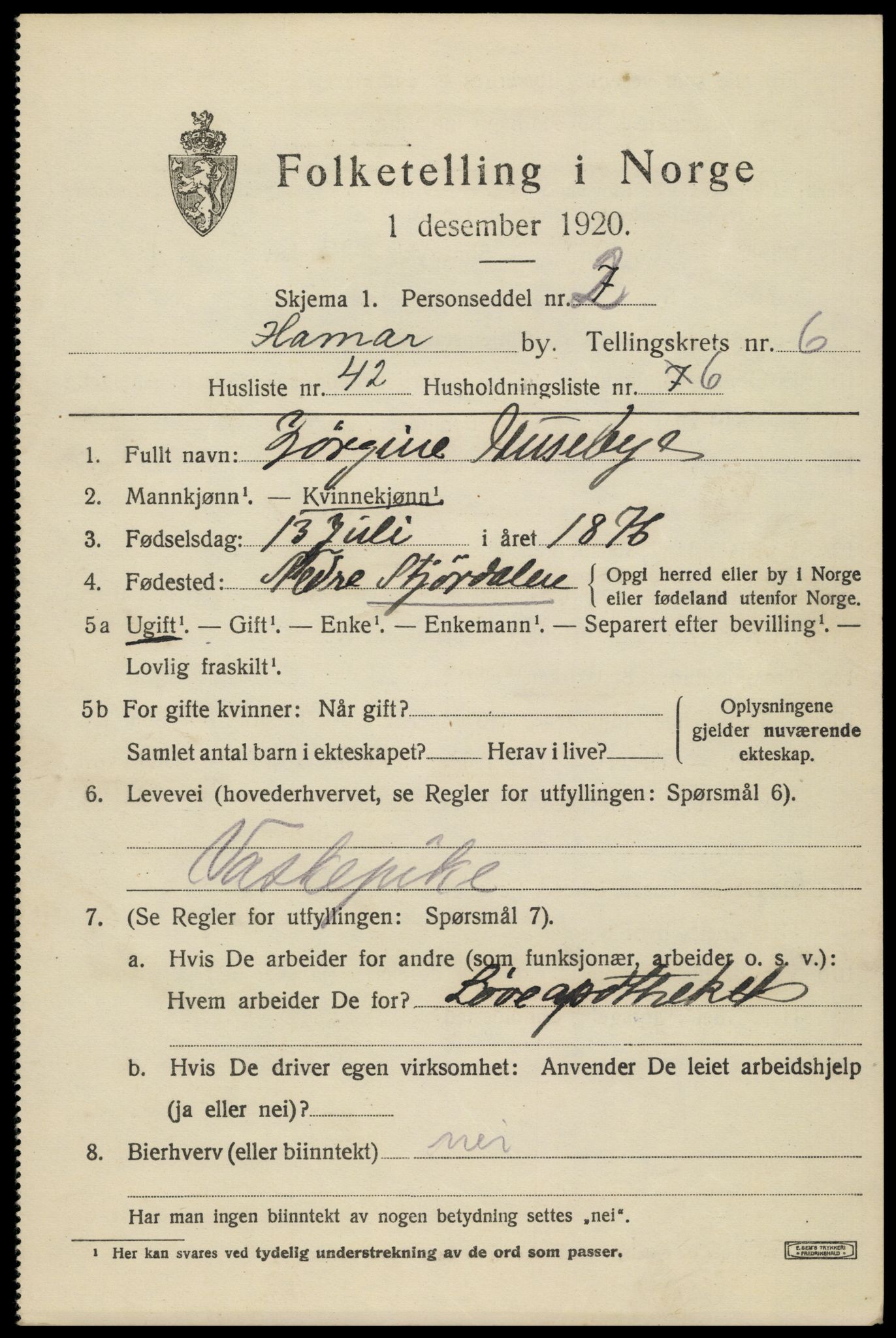 SAH, 1920 census for Hamar, 1920, p. 12057