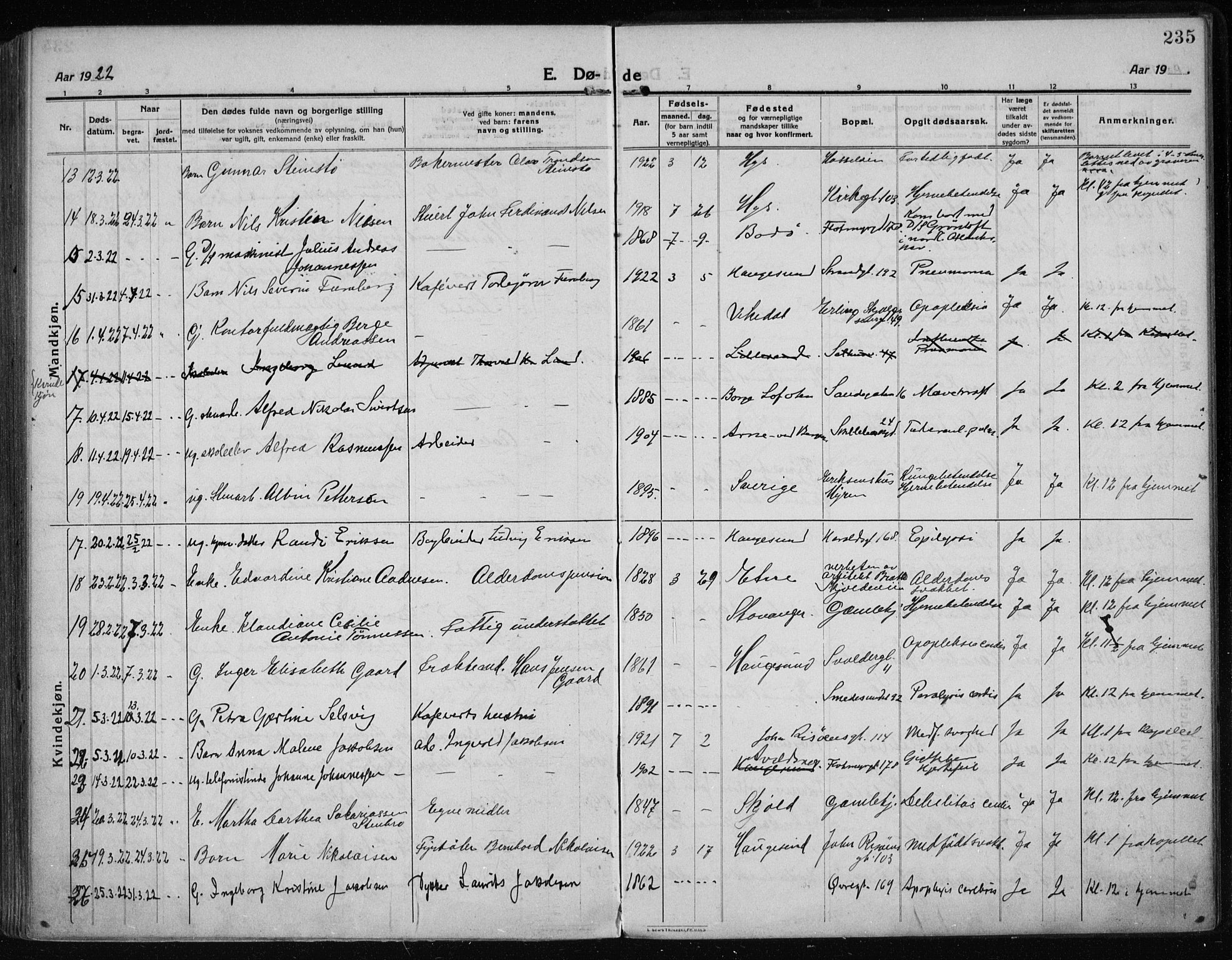 Haugesund sokneprestkontor, AV/SAST-A -101863/H/Ha/Haa/L0009: Parish register (official) no. A 9, 1914-1929, p. 235