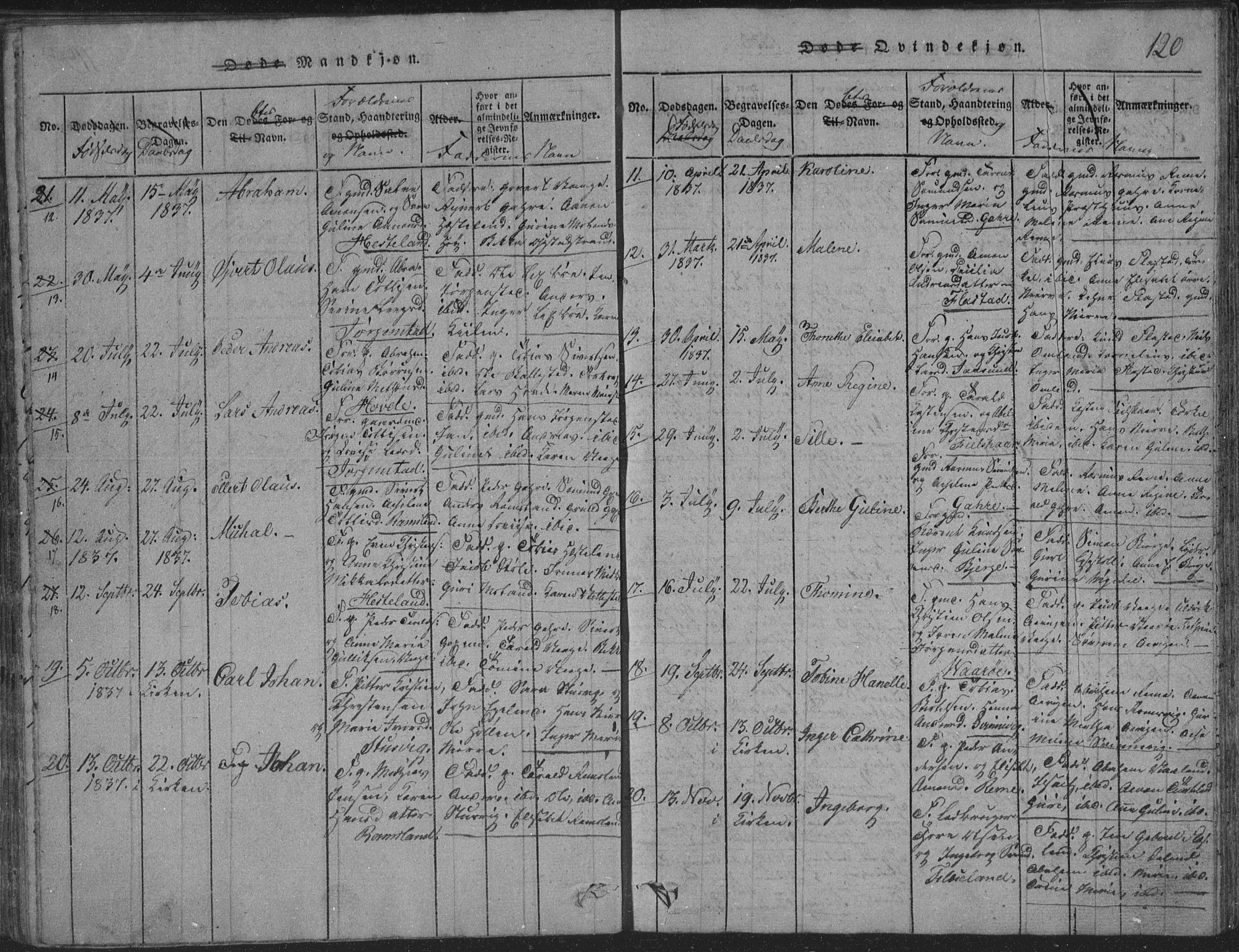 Sør-Audnedal sokneprestkontor, SAK/1111-0039/F/Fb/Fba/L0001: Parish register (copy) no. B 1, 1815-1850, p. 120