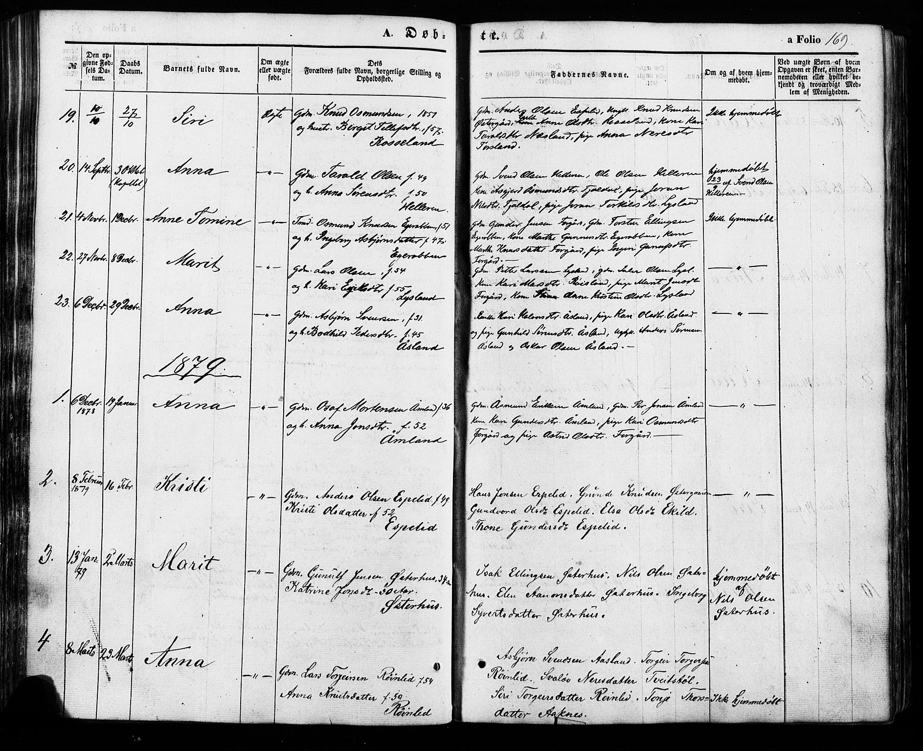 Åseral sokneprestkontor, SAK/1111-0051/F/Fa/L0002: Parish register (official) no. A 2, 1854-1884, p. 169