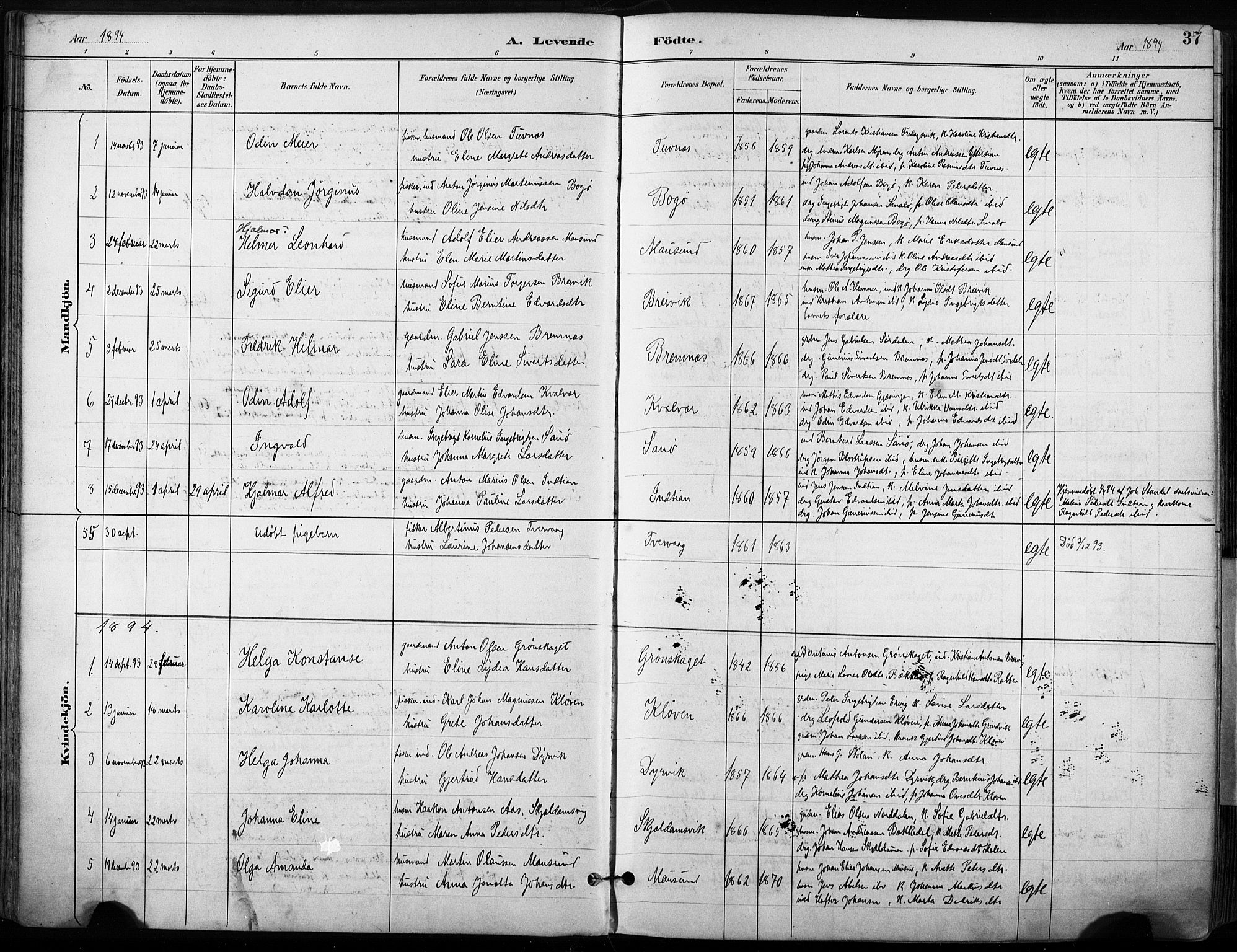 Ministerialprotokoller, klokkerbøker og fødselsregistre - Sør-Trøndelag, SAT/A-1456/640/L0579: Parish register (official) no. 640A04, 1889-1902, p. 37