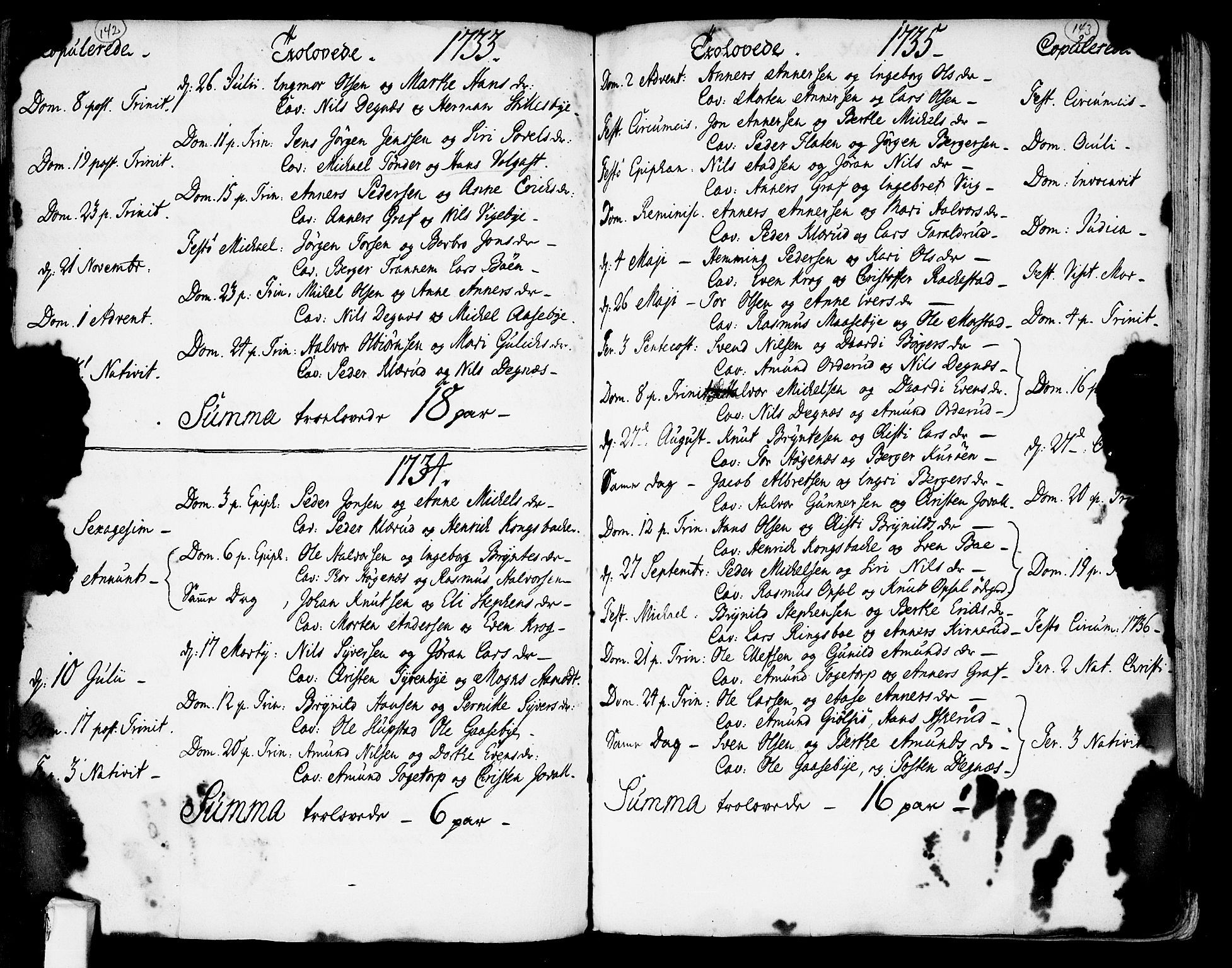 Rødenes prestekontor Kirkebøker, SAO/A-2005/F/Fa/L0002: Parish register (official) no. I 2, 1733-1776, p. 142-143