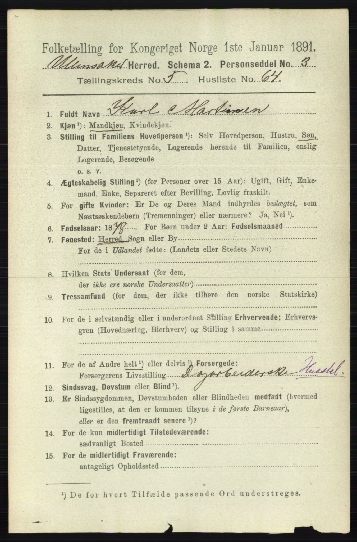 RA, 1891 census for 0235 Ullensaker, 1891, p. 2426