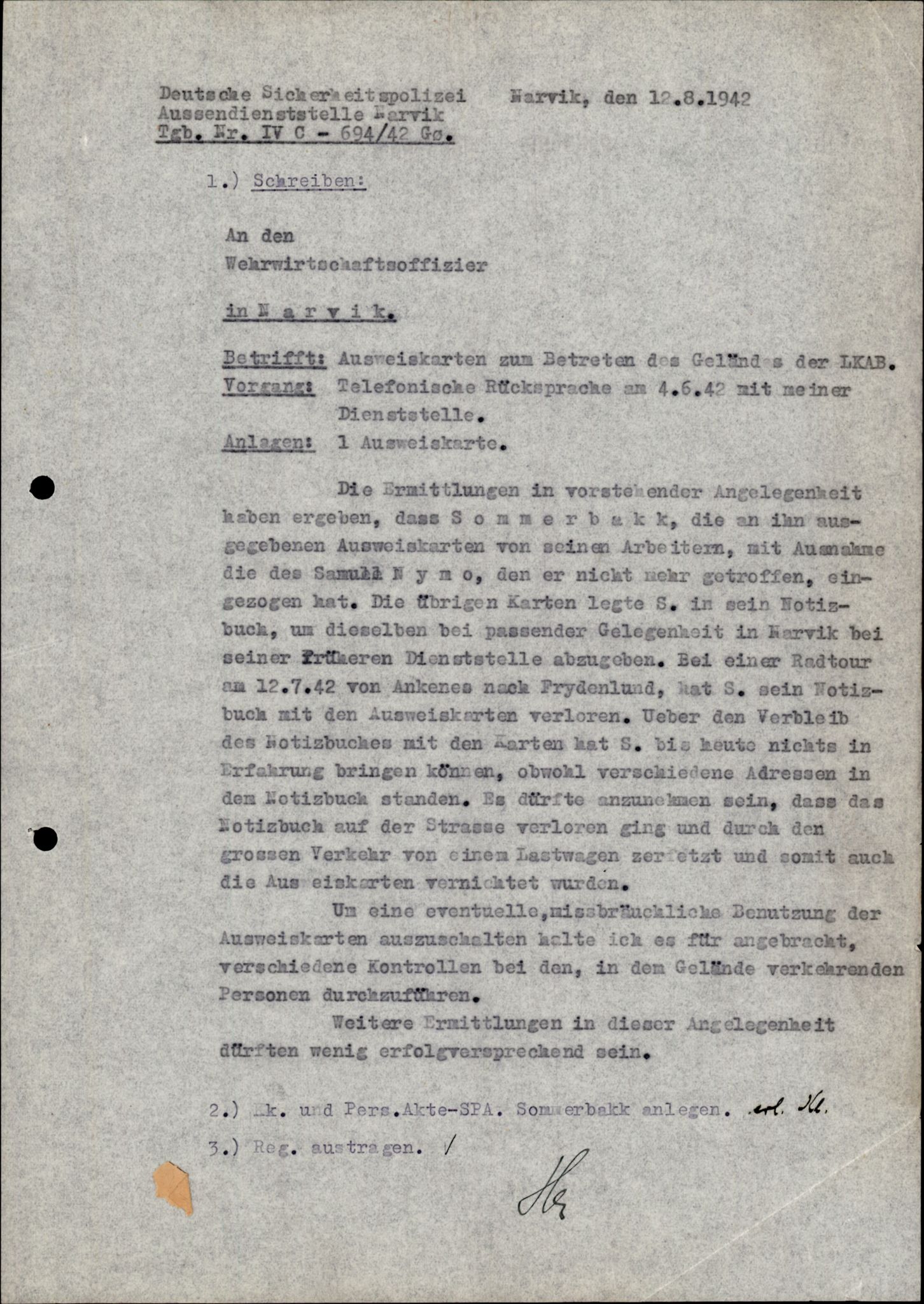 Forsvarets Overkommando. 2 kontor. Arkiv 11.4. Spredte tyske arkivsaker, AV/RA-RAFA-7031/D/Dar/Darc/L0003: Sicherheitspolizei (Sipo) i Narvik, 1941-1942, p. 1345