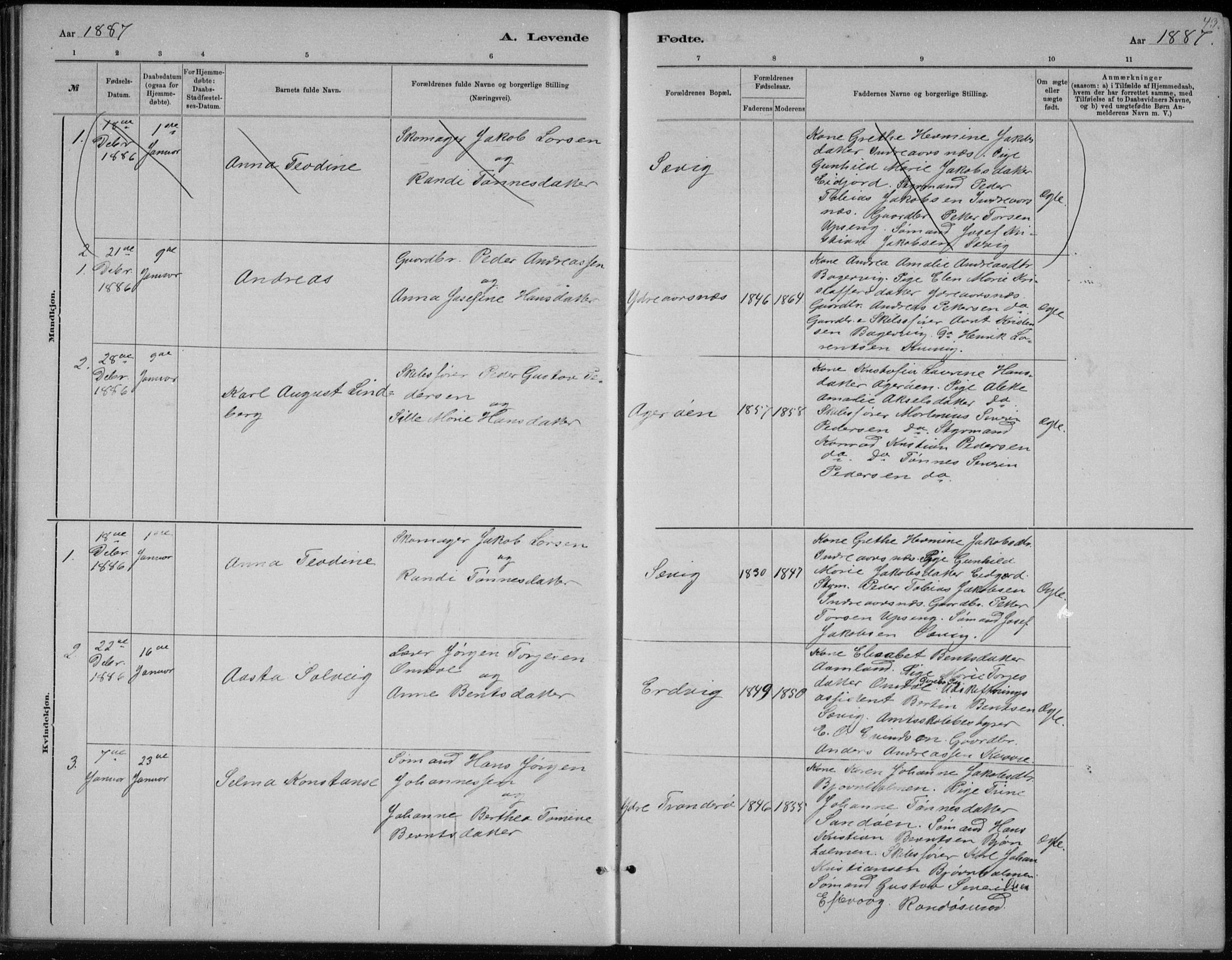 Høvåg sokneprestkontor, SAK/1111-0025/F/Fb/L0004: Parish register (copy) no. B 4, 1883-1898, p. 43