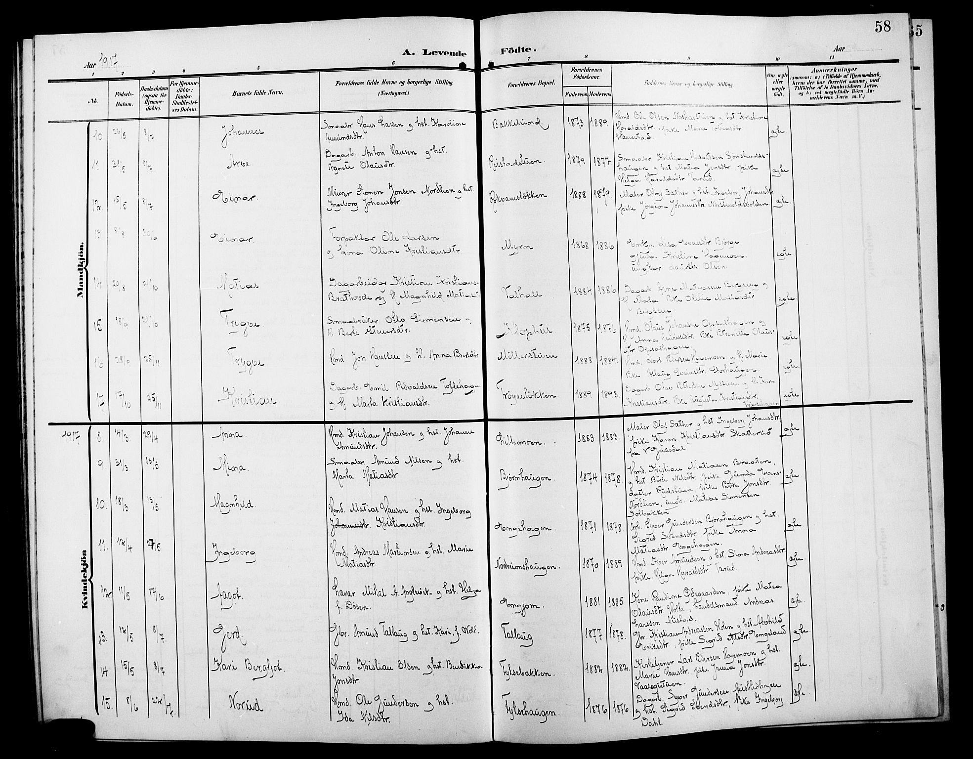 Østre Gausdal prestekontor, SAH/PREST-092/H/Ha/Hab/L0004: Parish register (copy) no. 4, 1905-1923, p. 58