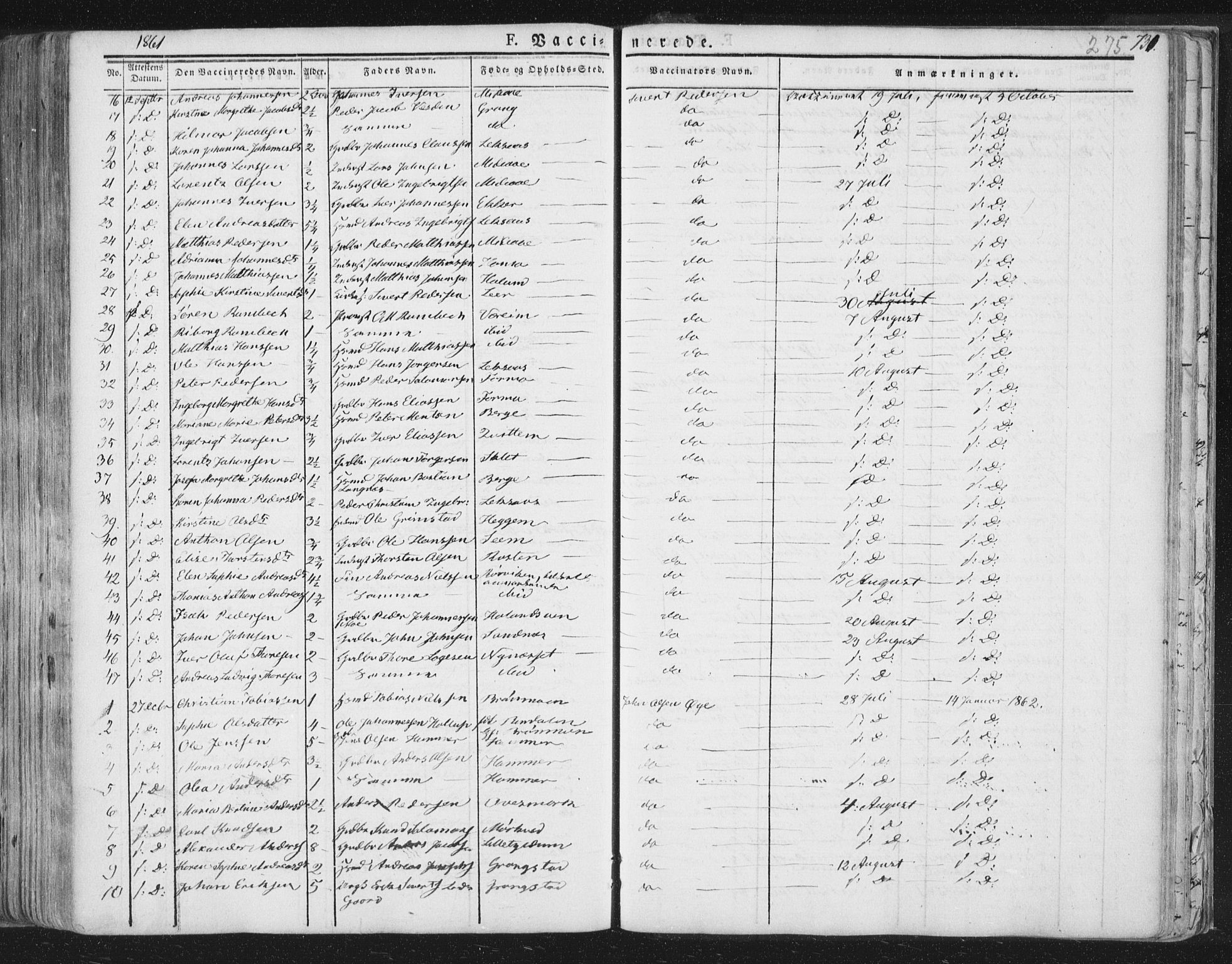 Ministerialprotokoller, klokkerbøker og fødselsregistre - Nord-Trøndelag, AV/SAT-A-1458/758/L0513: Parish register (official) no. 758A02 /1, 1839-1868, p. 275