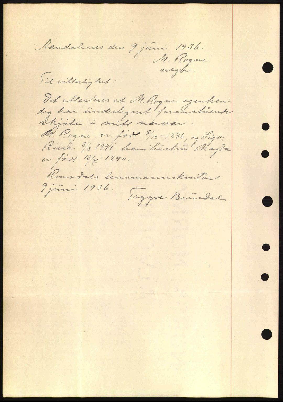 Romsdal sorenskriveri, AV/SAT-A-4149/1/2/2C: Mortgage book no. A1, 1936-1936, Diary no: : 1419/1936