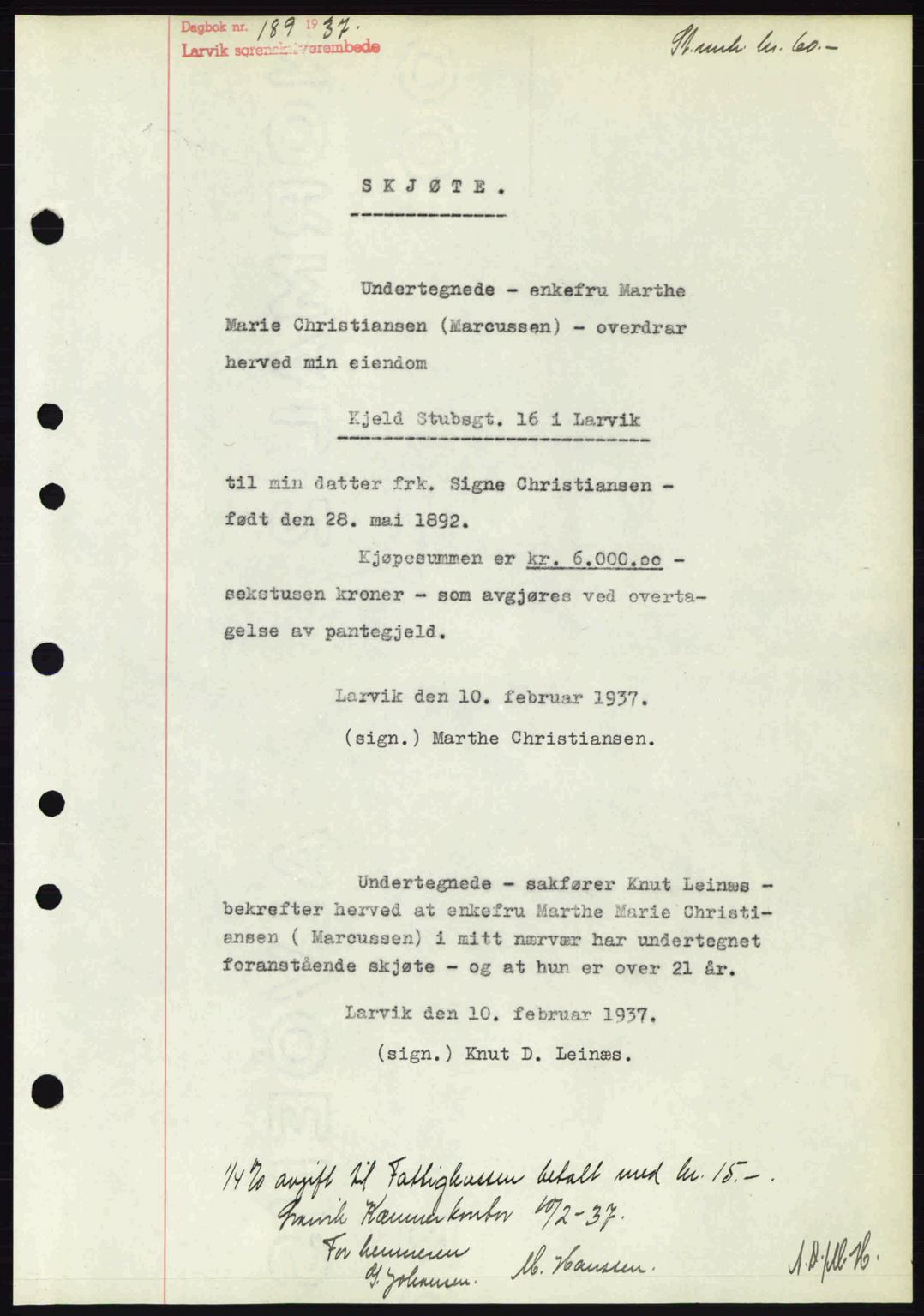 Larvik sorenskriveri, SAKO/A-83/G/Ga/Gab/L0067: Mortgage book no. A-1, 1936-1937, Diary no: : 189/1937