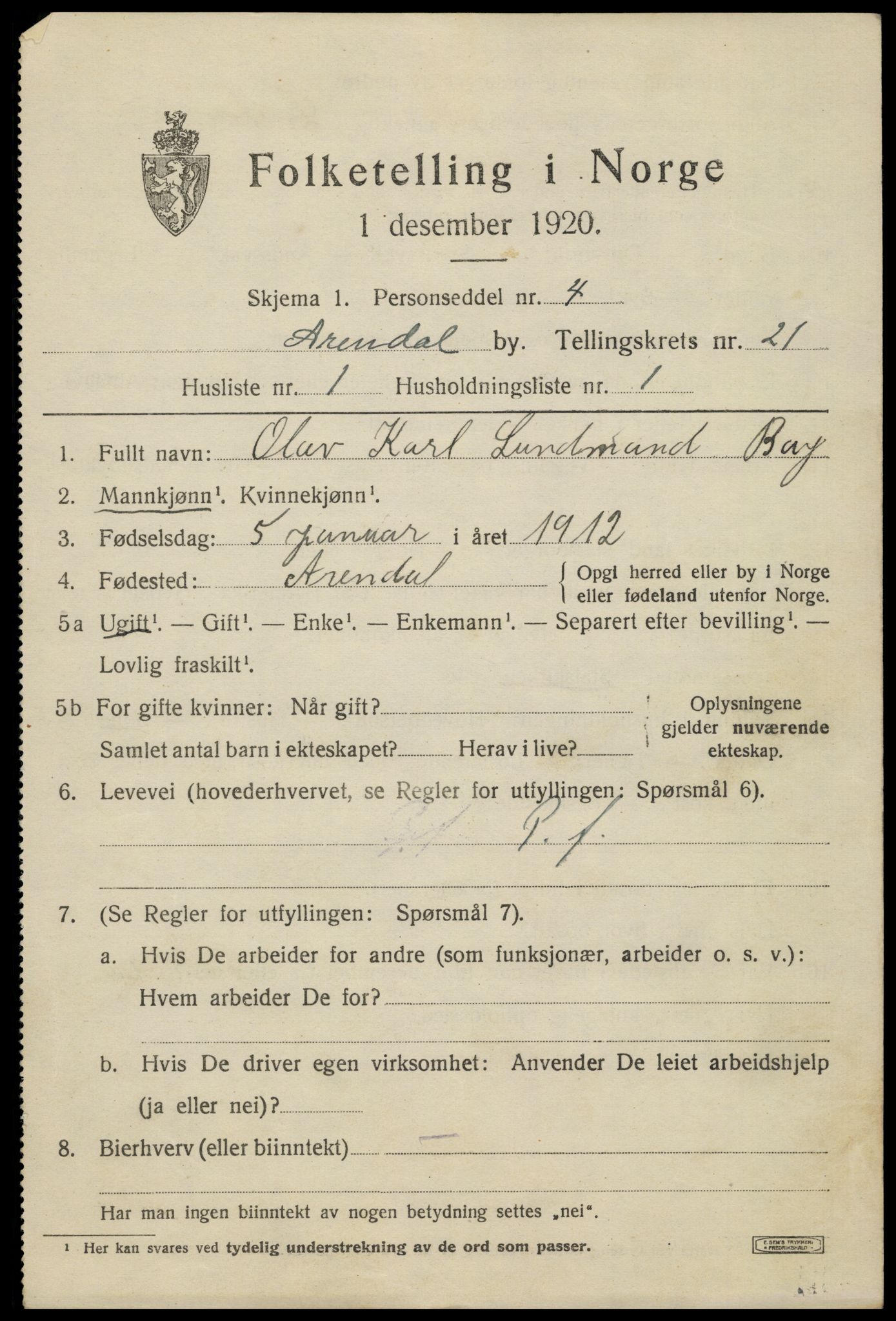 SAK, 1920 census for Arendal, 1920, p. 27514