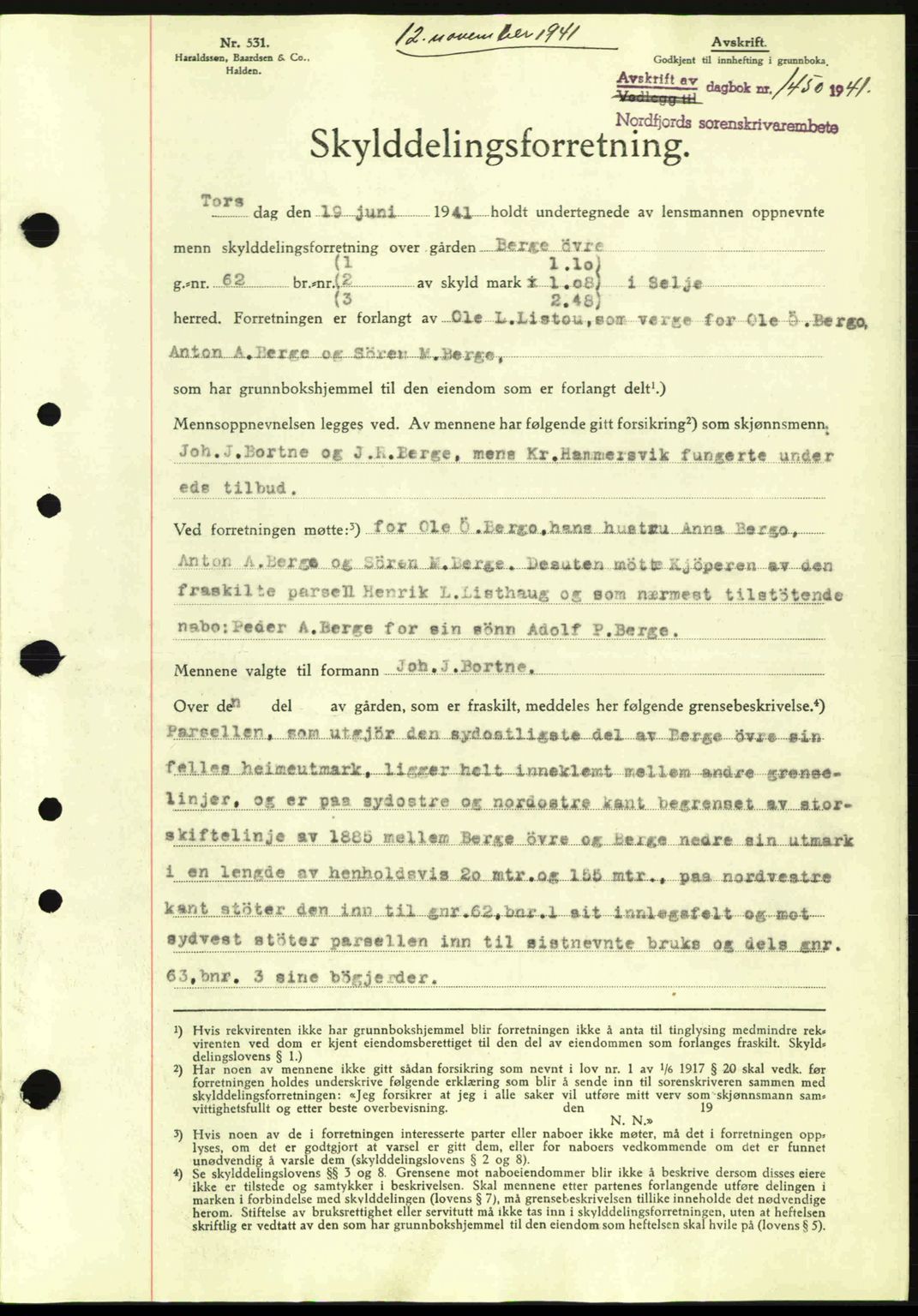 Nordfjord sorenskriveri, AV/SAB-A-2801/02/02b/02bj/L0006: Mortgage book no. A6, 1940-1941, Diary no: : 1450/1941