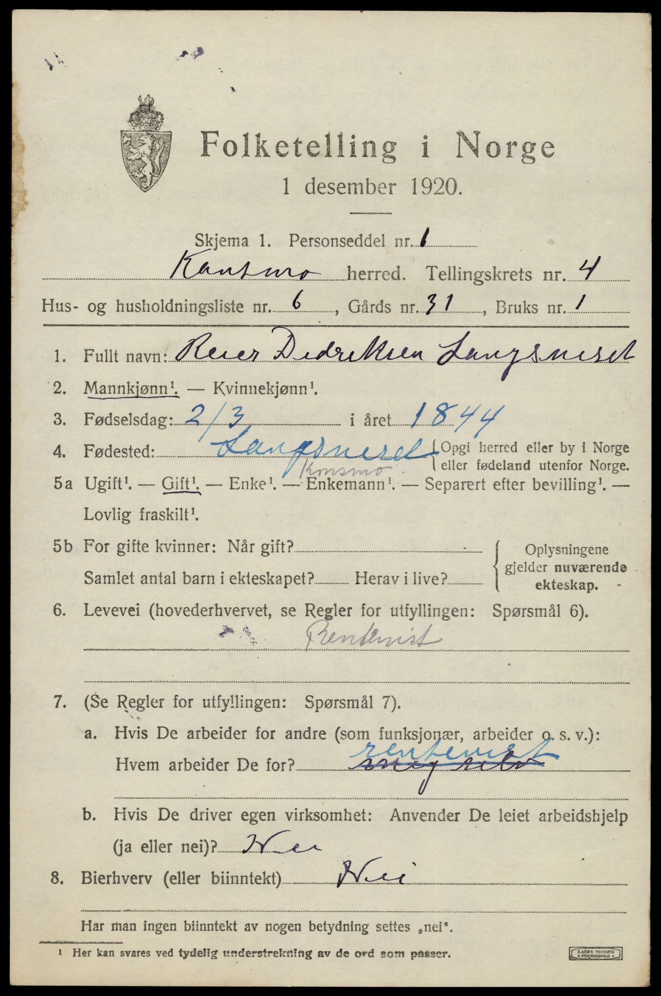 SAK, 1920 census for Konsmo, 1920, p. 1258