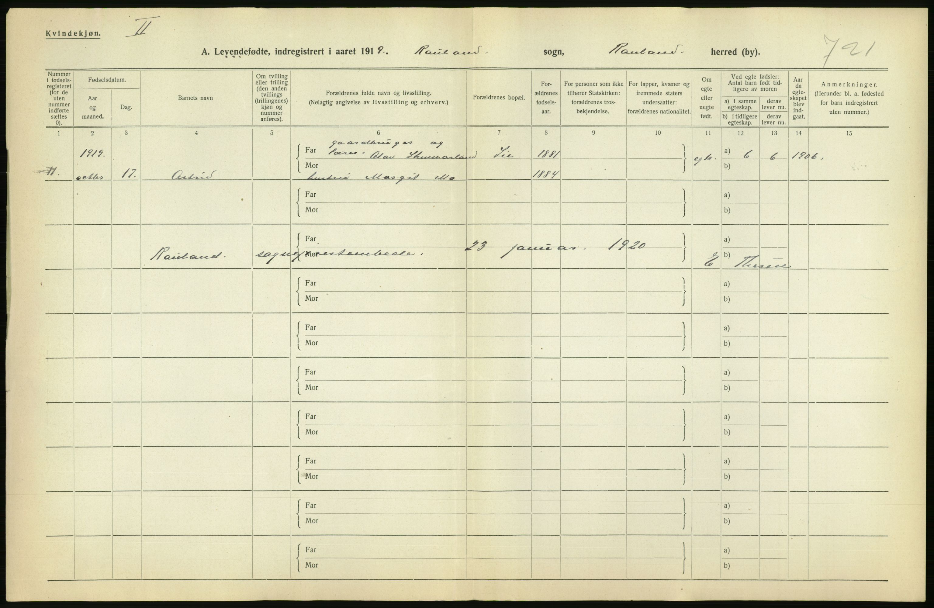 Statistisk sentralbyrå, Sosiodemografiske emner, Befolkning, AV/RA-S-2228/D/Df/Dfb/Dfbi/L0021: Telemark fylke: Levendefødte menn og kvinner. Bygder., 1919, p. 4