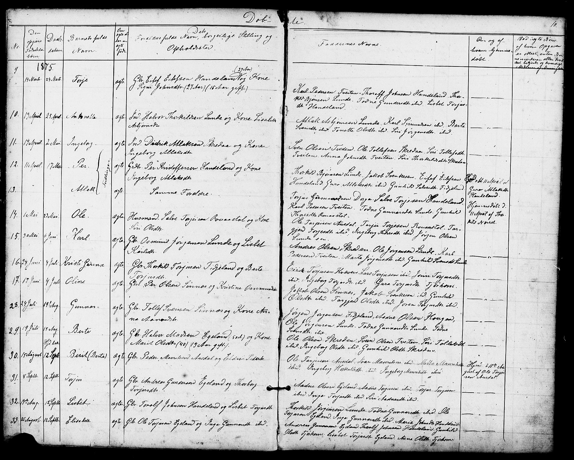 Sirdal sokneprestkontor, AV/SAK-1111-0036/F/Fb/Fba/L0001: Parish register (copy) no. B 1, 1872-1905, p. 10