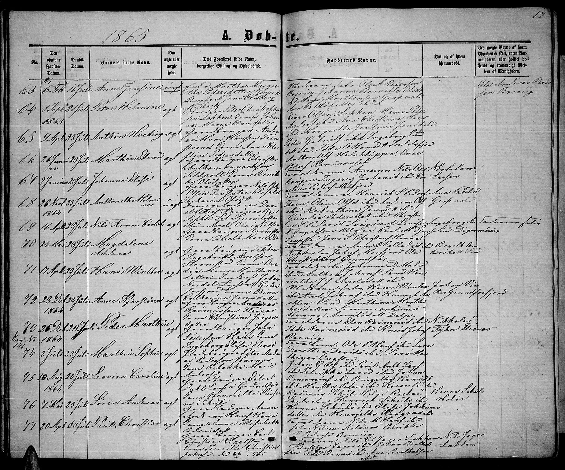 Ministerialprotokoller, klokkerbøker og fødselsregistre - Nordland, AV/SAT-A-1459/888/L1266: Parish register (copy) no. 888C04, 1864-1877, p. 17