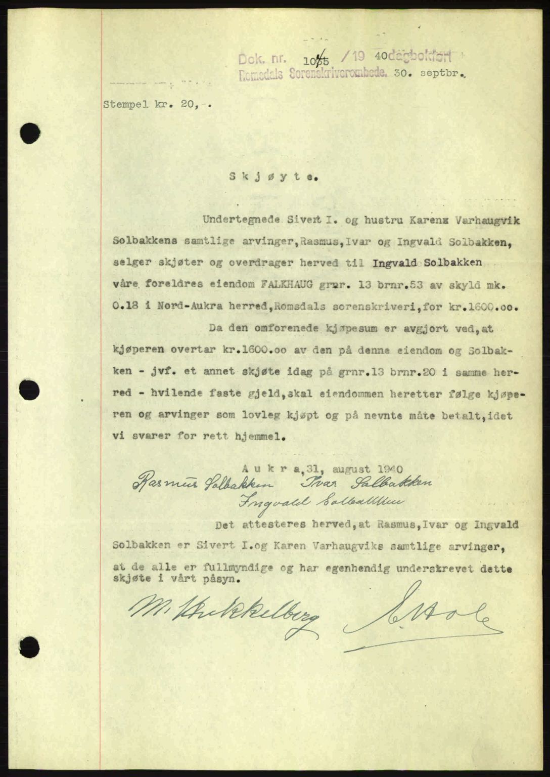 Romsdal sorenskriveri, AV/SAT-A-4149/1/2/2C: Mortgage book no. A8, 1939-1940, Diary no: : 1045/1940