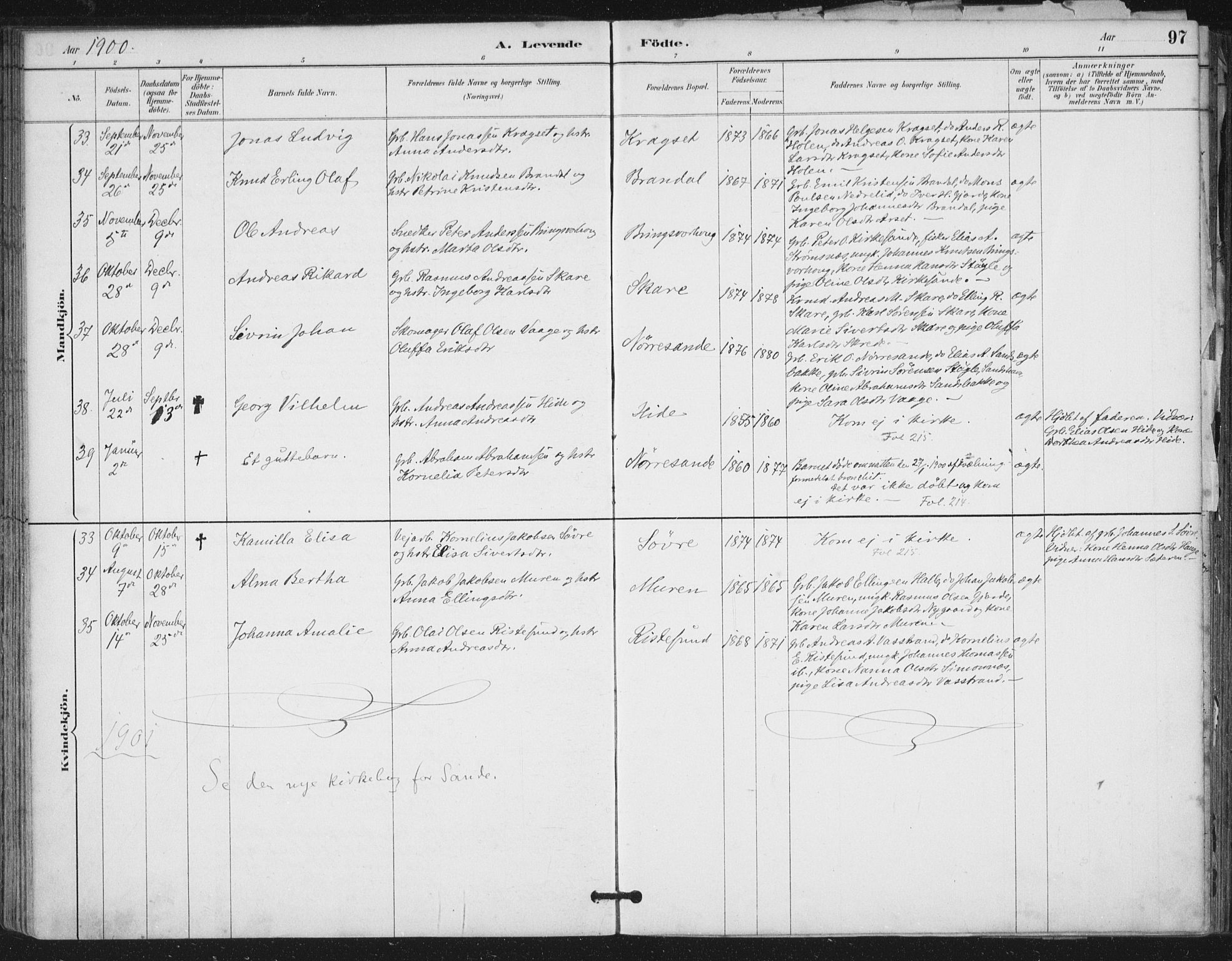 Ministerialprotokoller, klokkerbøker og fødselsregistre - Møre og Romsdal, SAT/A-1454/503/L0037: Parish register (official) no. 503A05, 1884-1900, p. 97