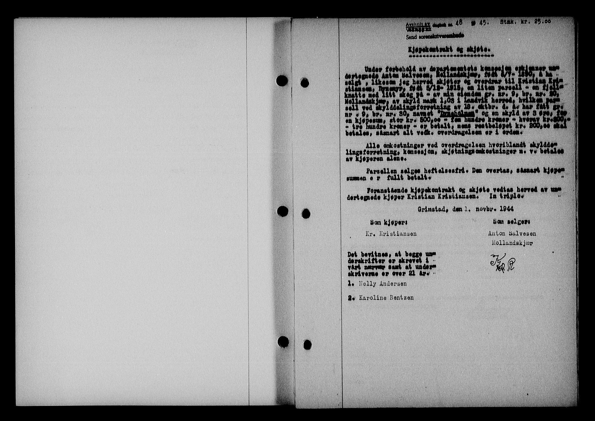 Vestre Nedenes/Sand sorenskriveri, SAK/1221-0010/G/Gb/Gba/L0053: Mortgage book no. A 6, 1944-1945, Diary no: : 48/1945