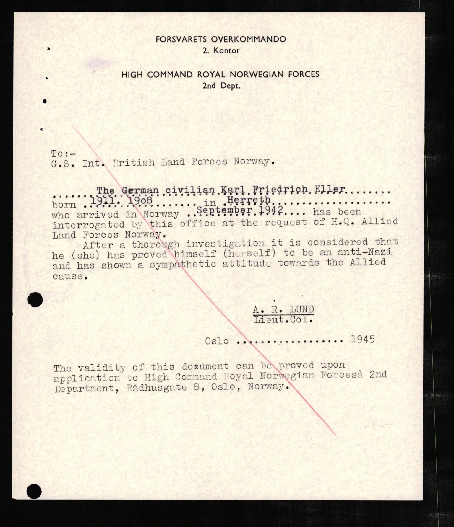 Forsvaret, Forsvarets overkommando II, RA/RAFA-3915/D/Db/L0007: CI Questionaires. Tyske okkupasjonsstyrker i Norge. Tyskere., 1945-1946, p. 157