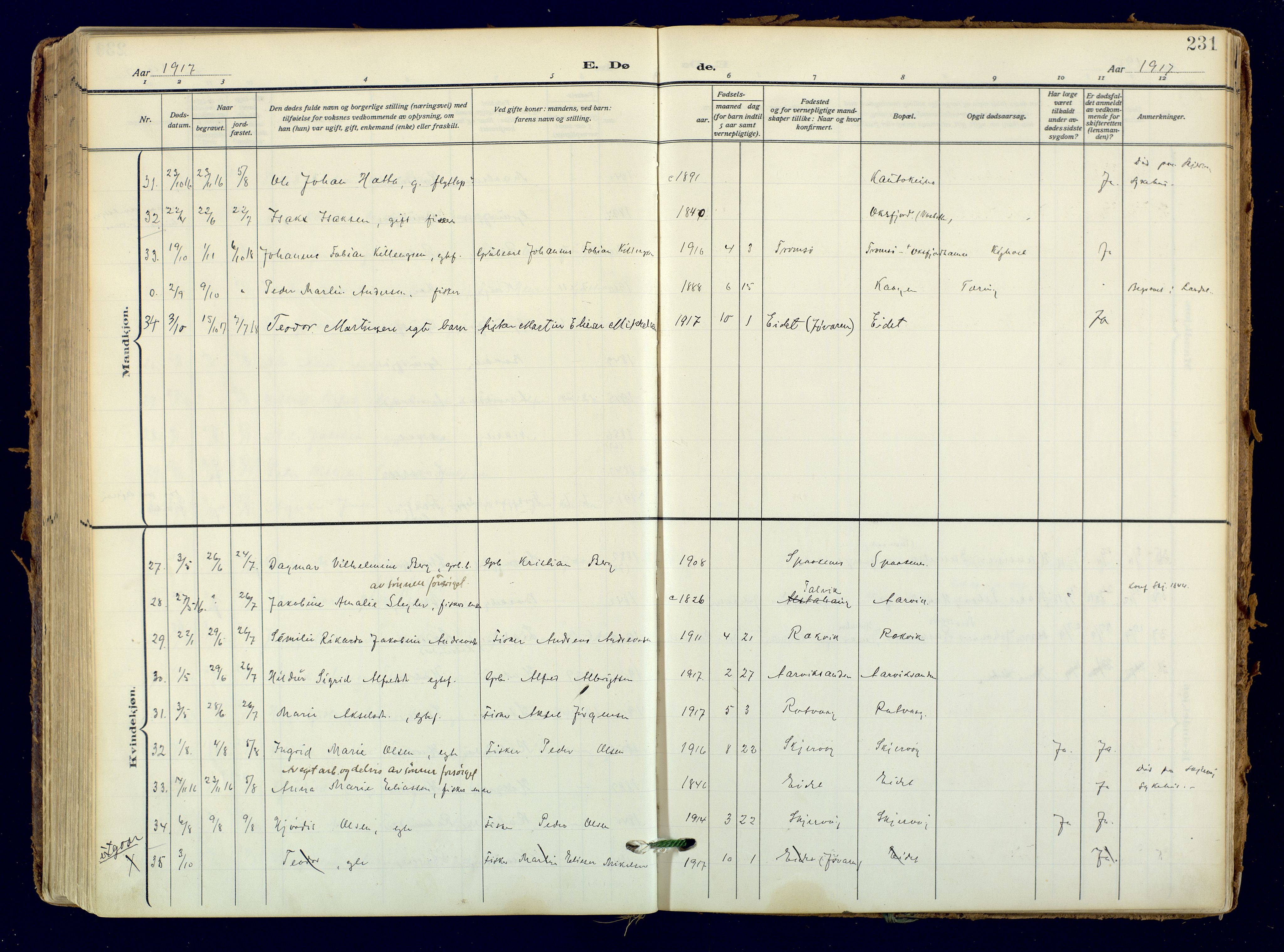 Skjervøy sokneprestkontor, AV/SATØ-S-1300/H/Ha/Haa: Parish register (official) no. 18, 1910-1926, p. 231