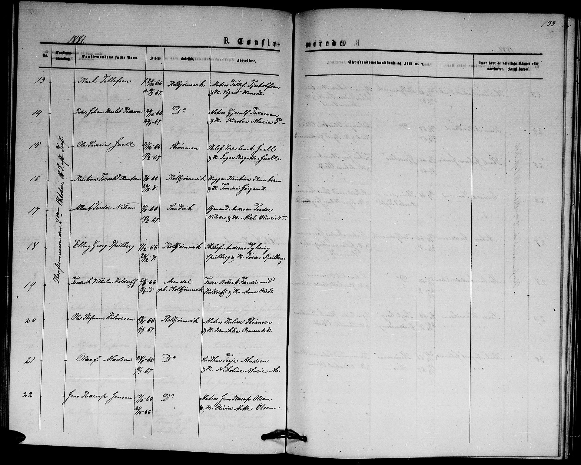 Hisøy sokneprestkontor, SAK/1111-0020/F/Fb/L0002: Parish register (copy) no. B 2, 1873-1885, p. 133