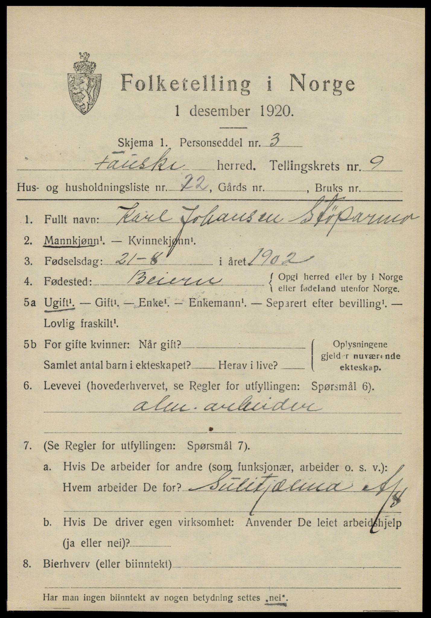 SAT, 1920 census for Fauske, 1920, p. 7588