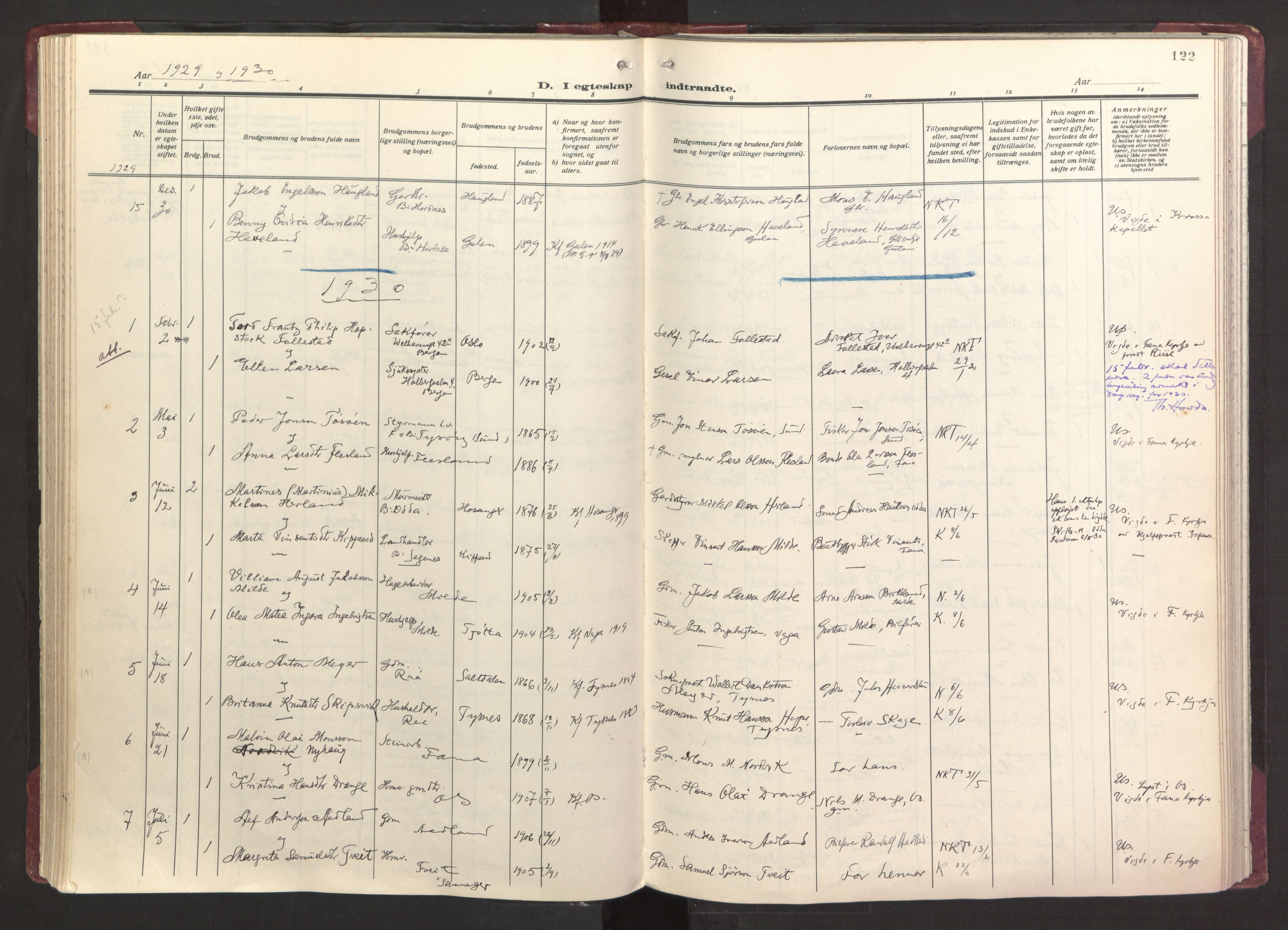 Fana Sokneprestembete, AV/SAB-A-75101/H/Haa/Haab/L0006: Parish register (official) no. B 6, 1923-1967, p. 122