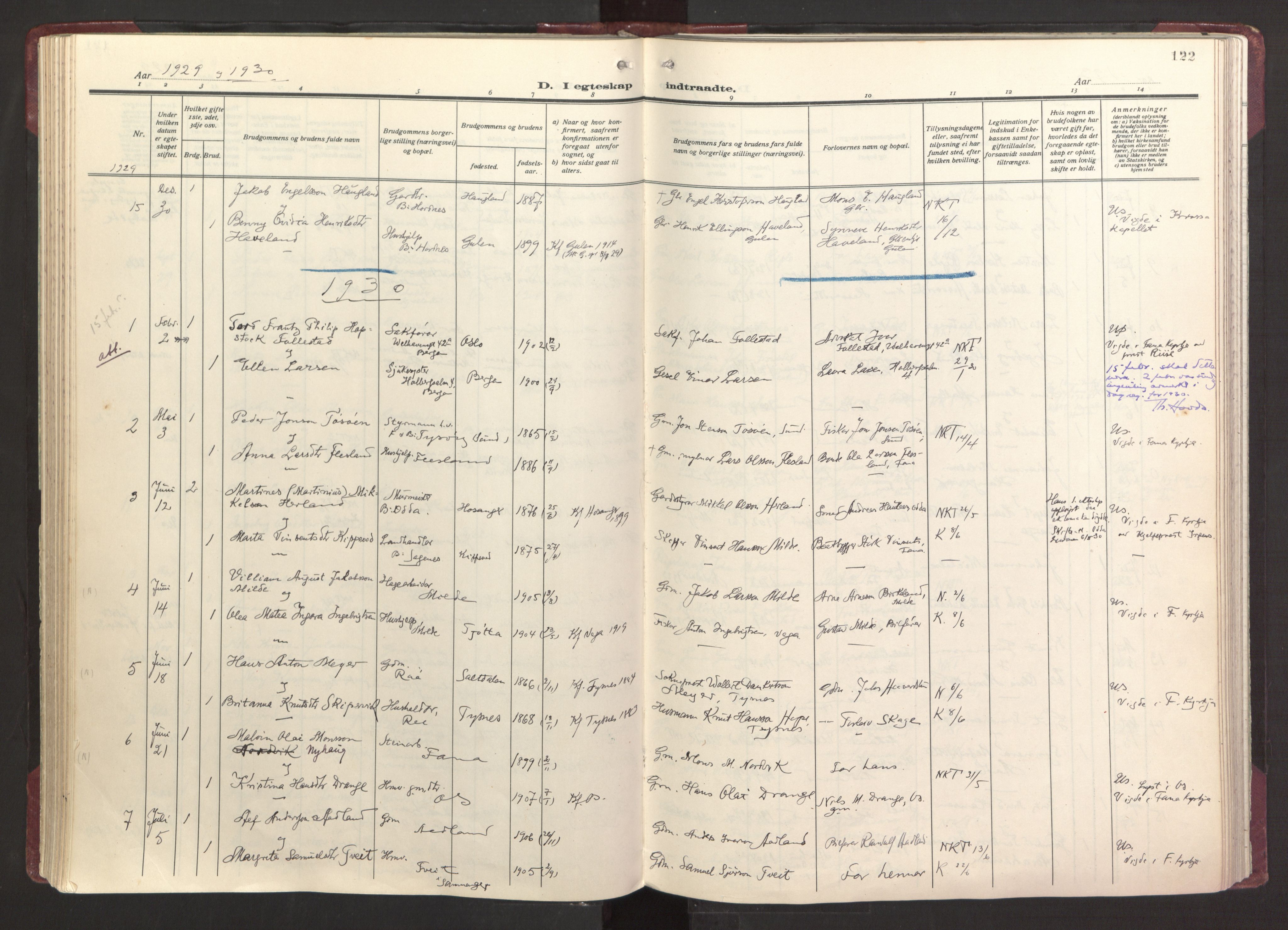 Fana Sokneprestembete, SAB/A-75101/H/Haa/Haab/L0006: Parish register (official) no. B 6, 1923-1967, p. 122