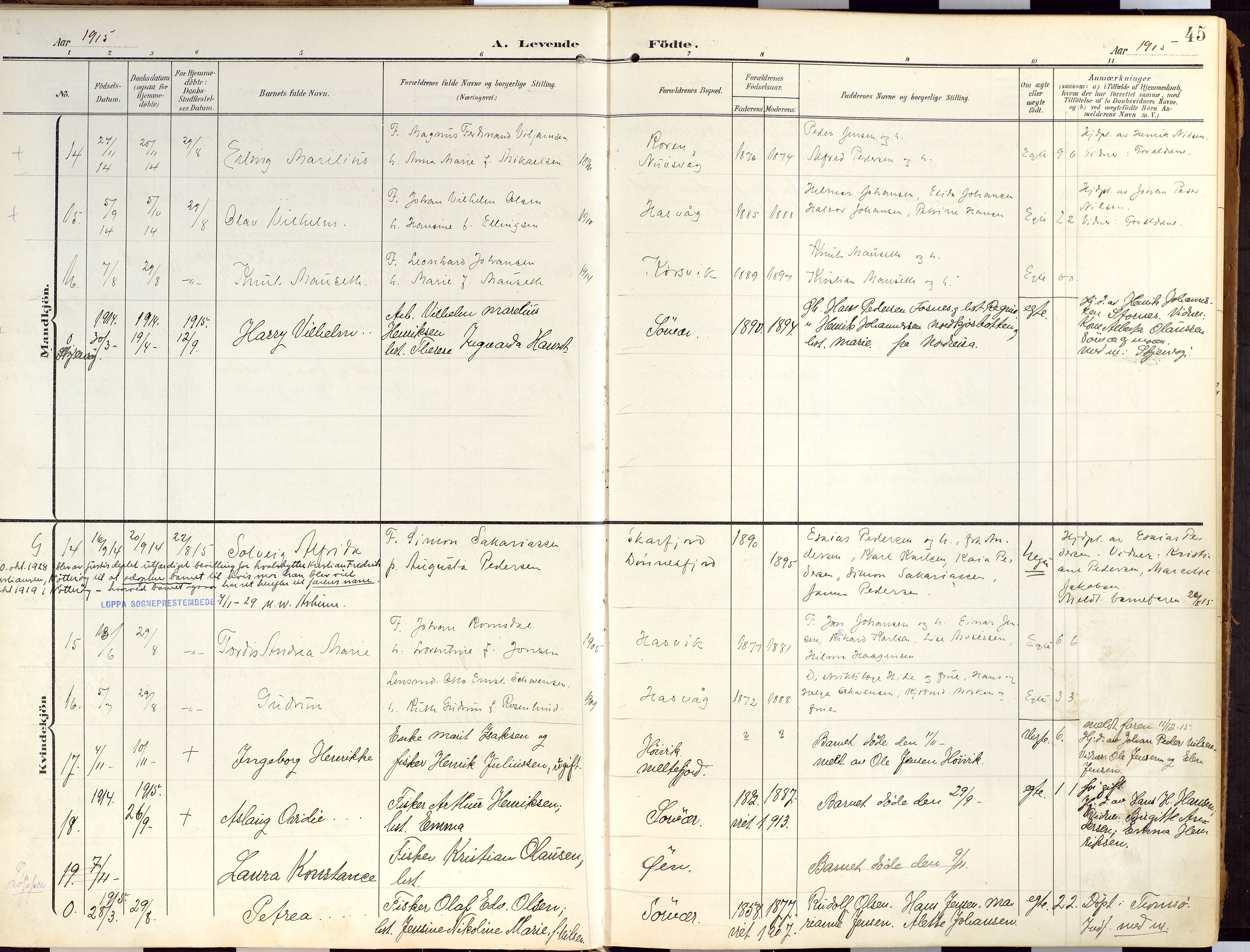 Loppa sokneprestkontor, SATØ/S-1339/H/Ha/L0010kirke: Parish register (official) no. 10, 1907-1922, p. 45