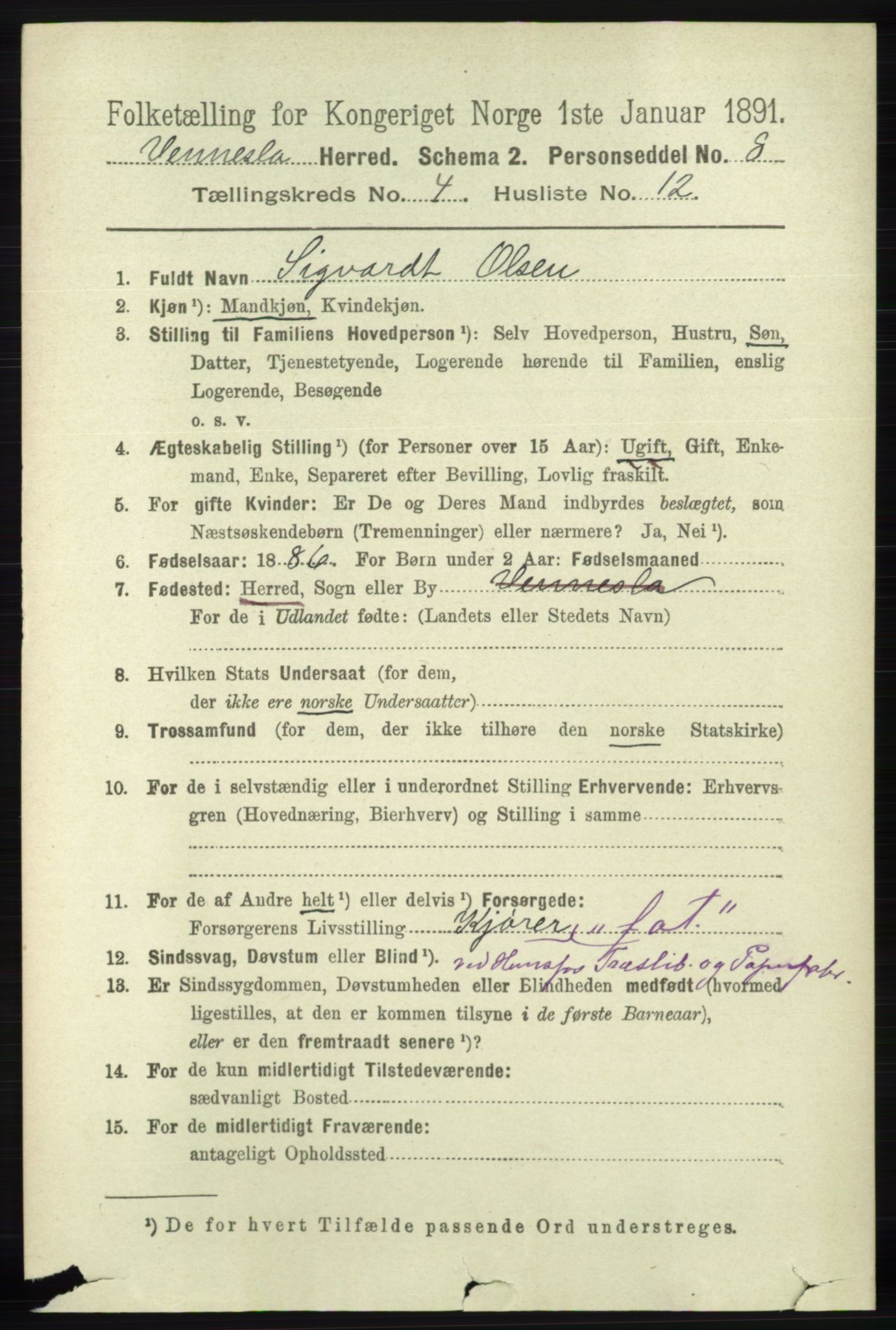 RA, 1891 census for 1014 Vennesla, 1891, p. 1150