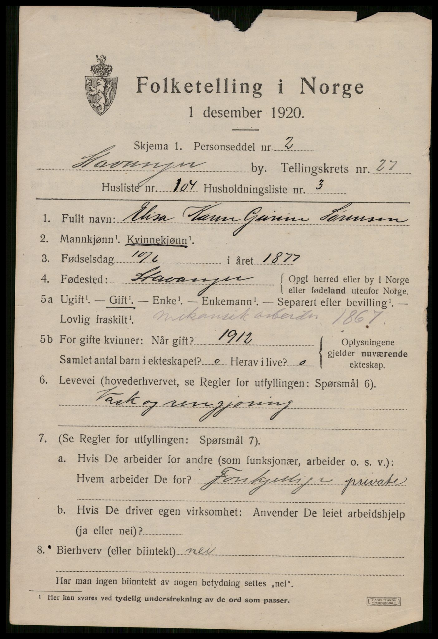 SAST, 1920 census for Stavanger, 1920, p. 80758