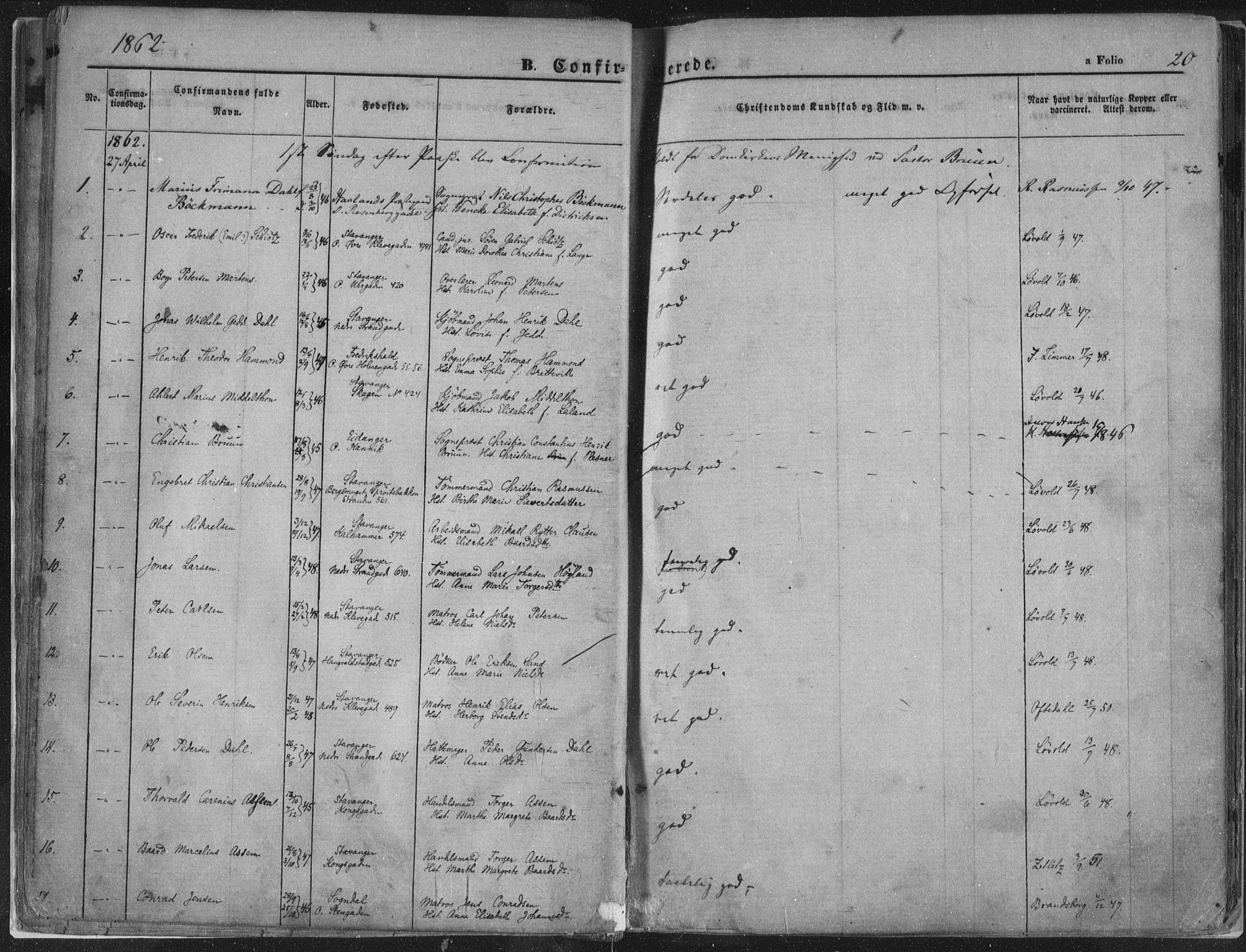 Domkirken sokneprestkontor, AV/SAST-A-101812/001/30/30BA/L0018: Parish register (official) no. A 17, 1857-1877, p. 20