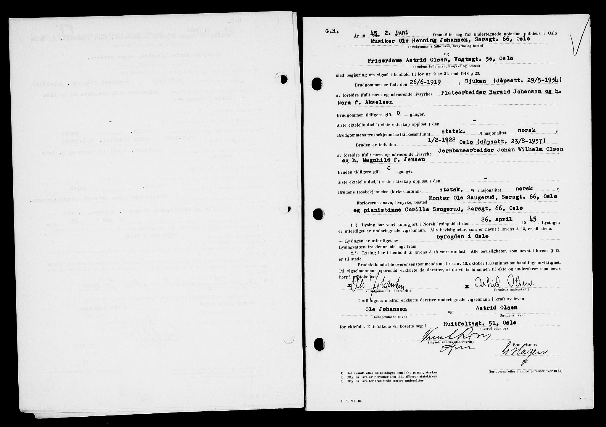 Oslo byfogd avd. I, AV/SAO-A-10220/L/Lb/Lbb/L0054: Notarialprotokoll, rekke II: Vigsler, 1945
