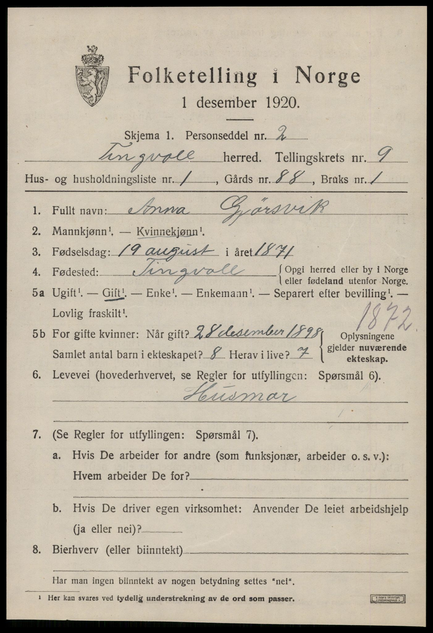 SAT, 1920 census for Tingvoll, 1920, p. 5096