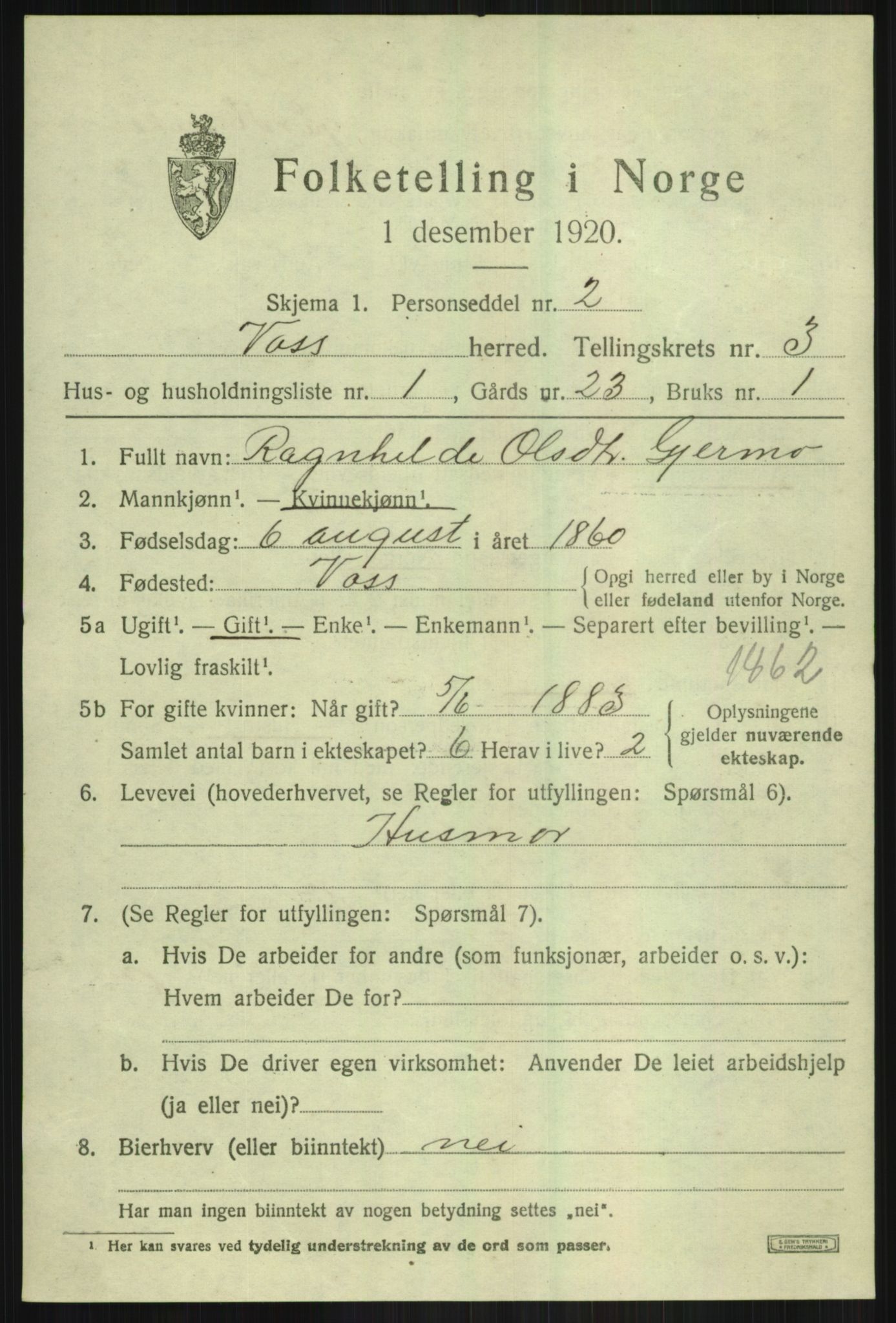 SAB, 1920 census for Voss, 1920, p. 3969