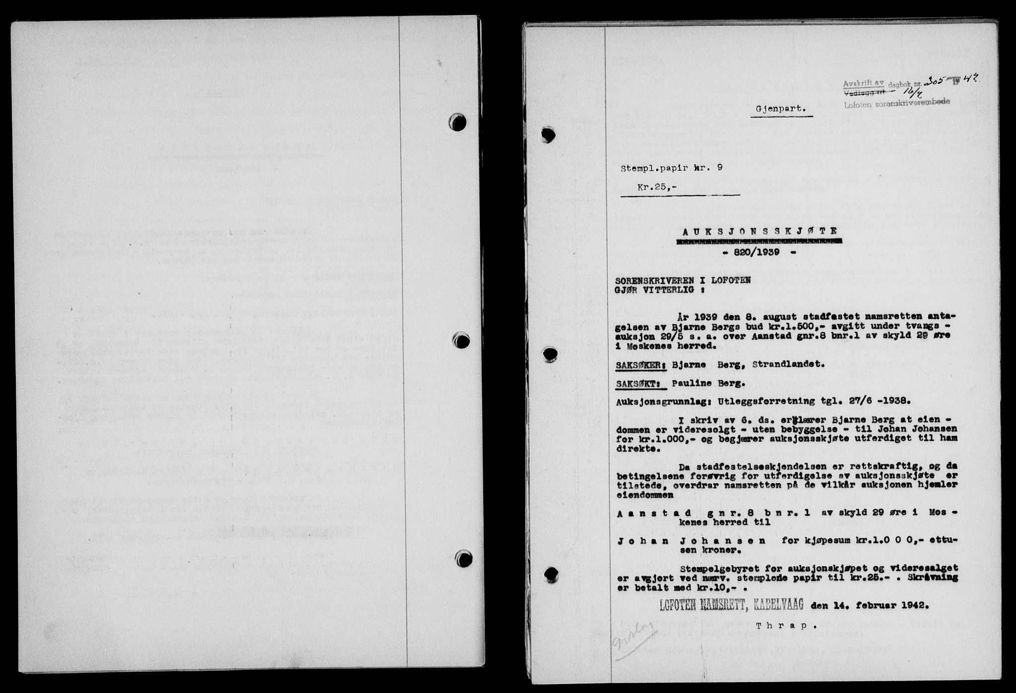 Lofoten sorenskriveri, SAT/A-0017/1/2/2C/L0009a: Mortgage book no. 9a, 1941-1942, Diary no: : 305/1942