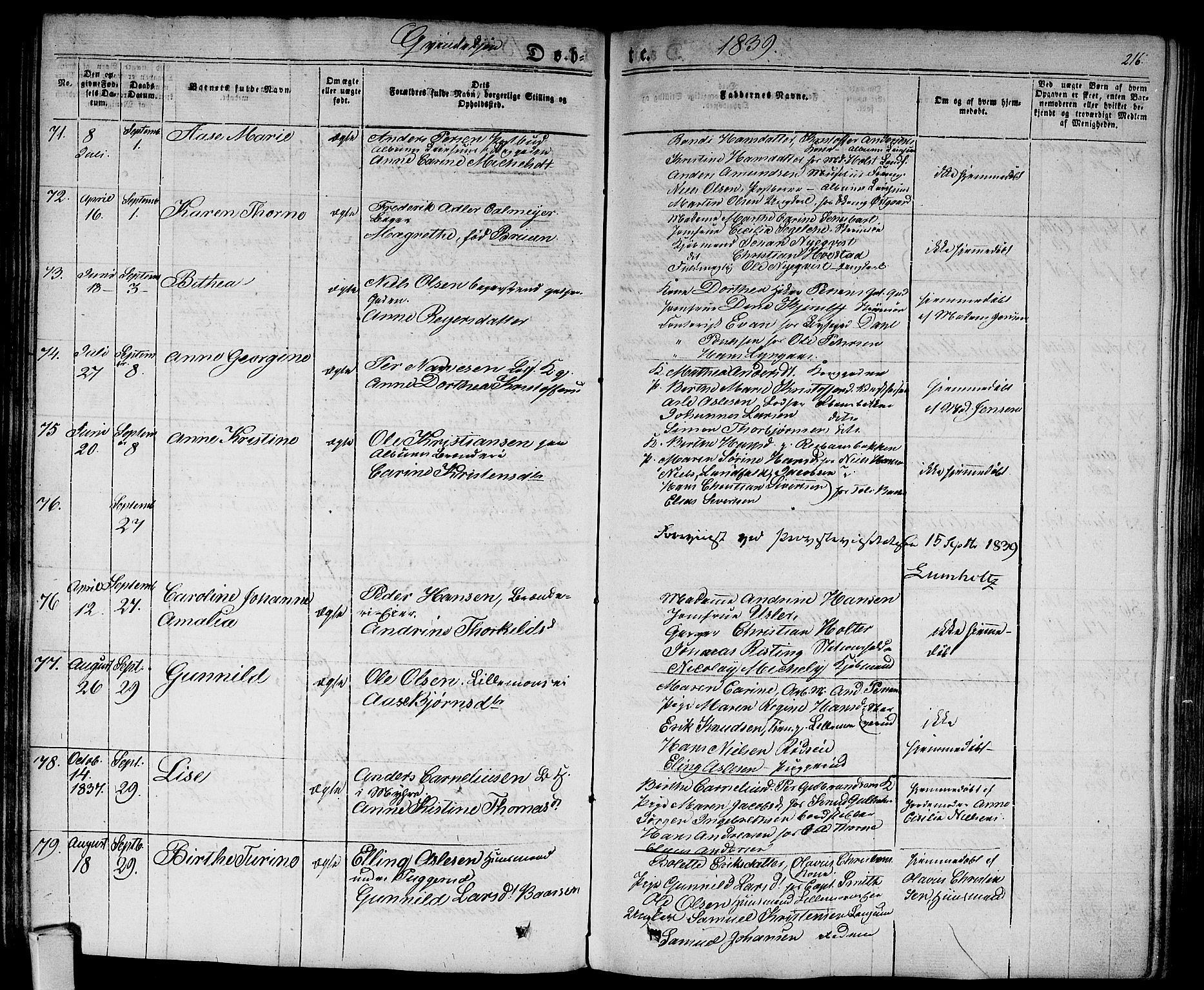 Bragernes kirkebøker, SAKO/A-6/F/Fb/L0001: Parish register (official) no. II 1, 1830-1847, p. 216