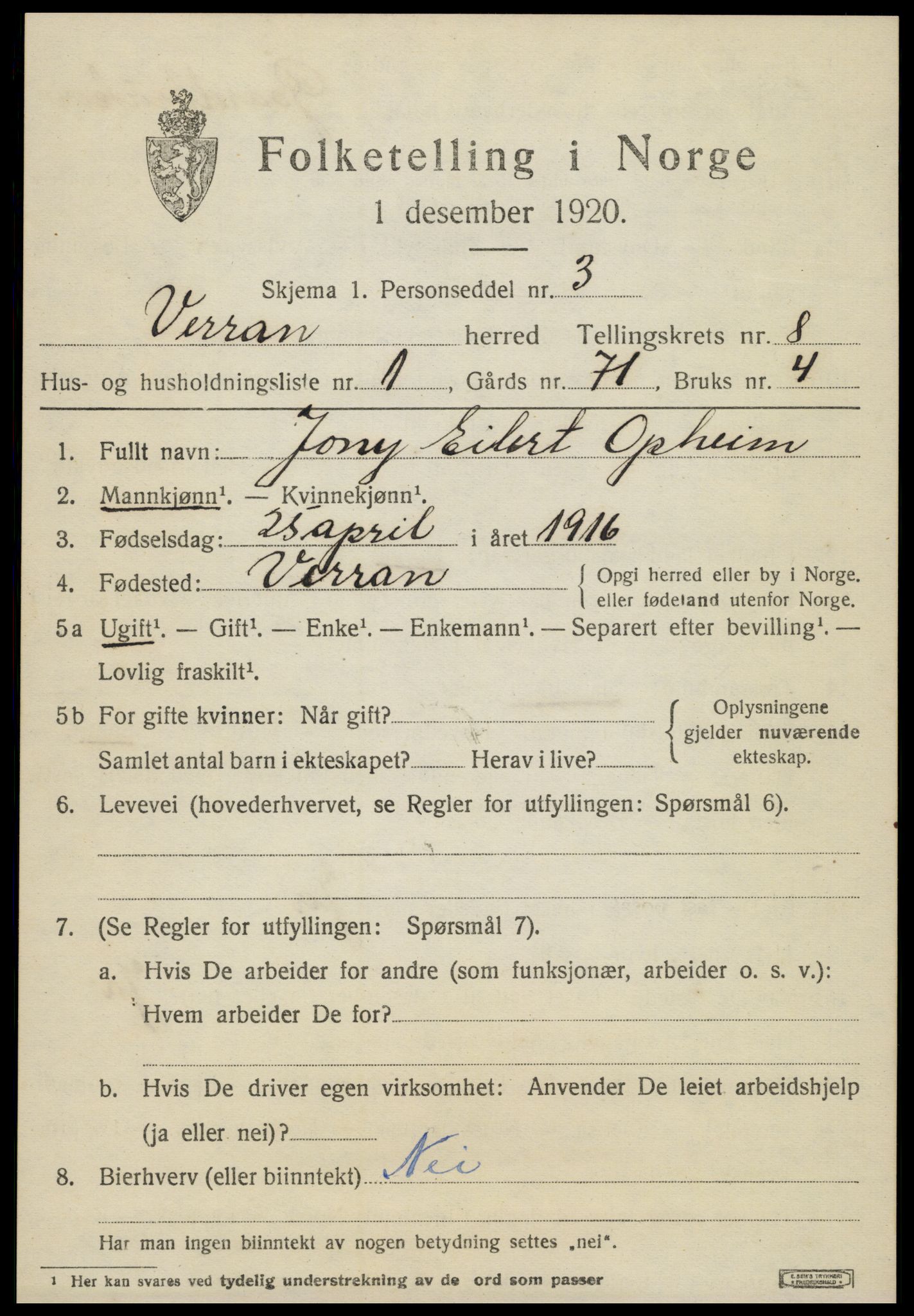 SAT, 1920 census for Verran, 1920, p. 3012