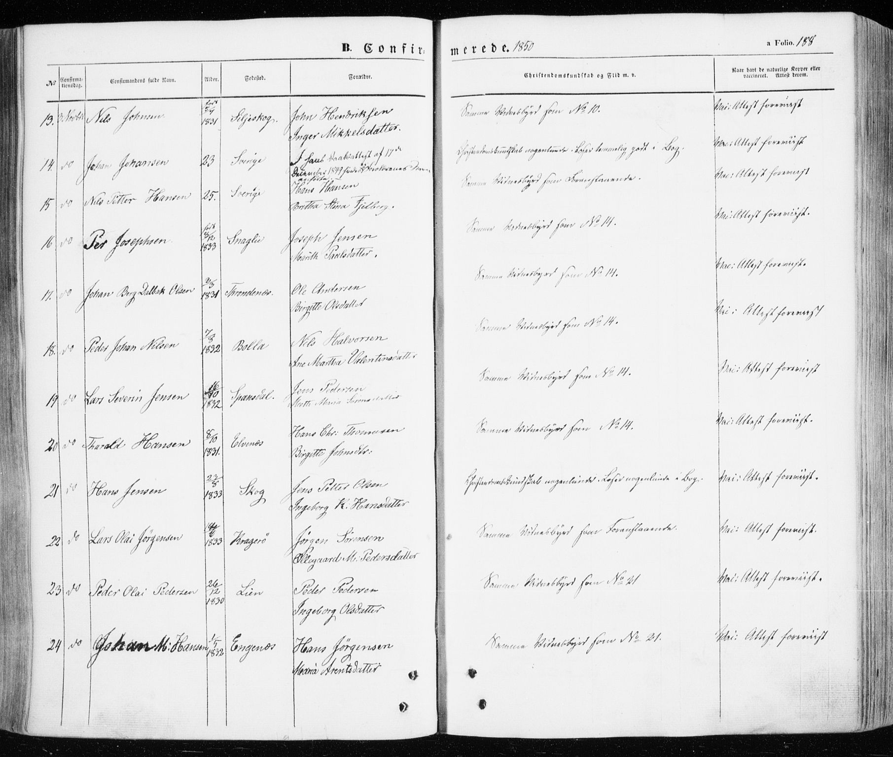 Ibestad sokneprestembete, SATØ/S-0077/H/Ha/Haa/L0008kirke: Parish register (official) no. 8, 1850-1859, p. 188