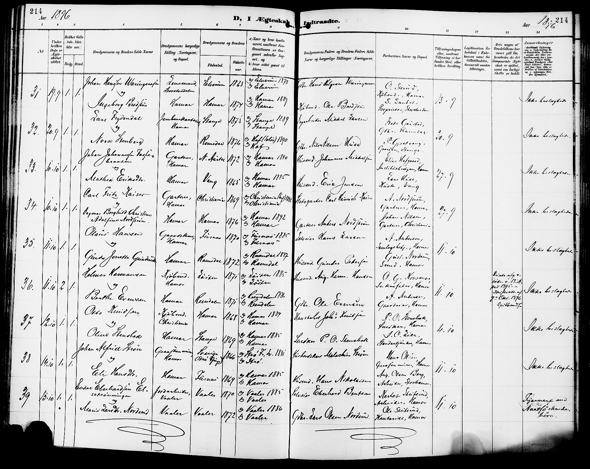Vang prestekontor, Hedmark, SAH/PREST-008/H/Ha/Haa/L0017: Parish register (official) no. 17, 1890-1899, p. 214
