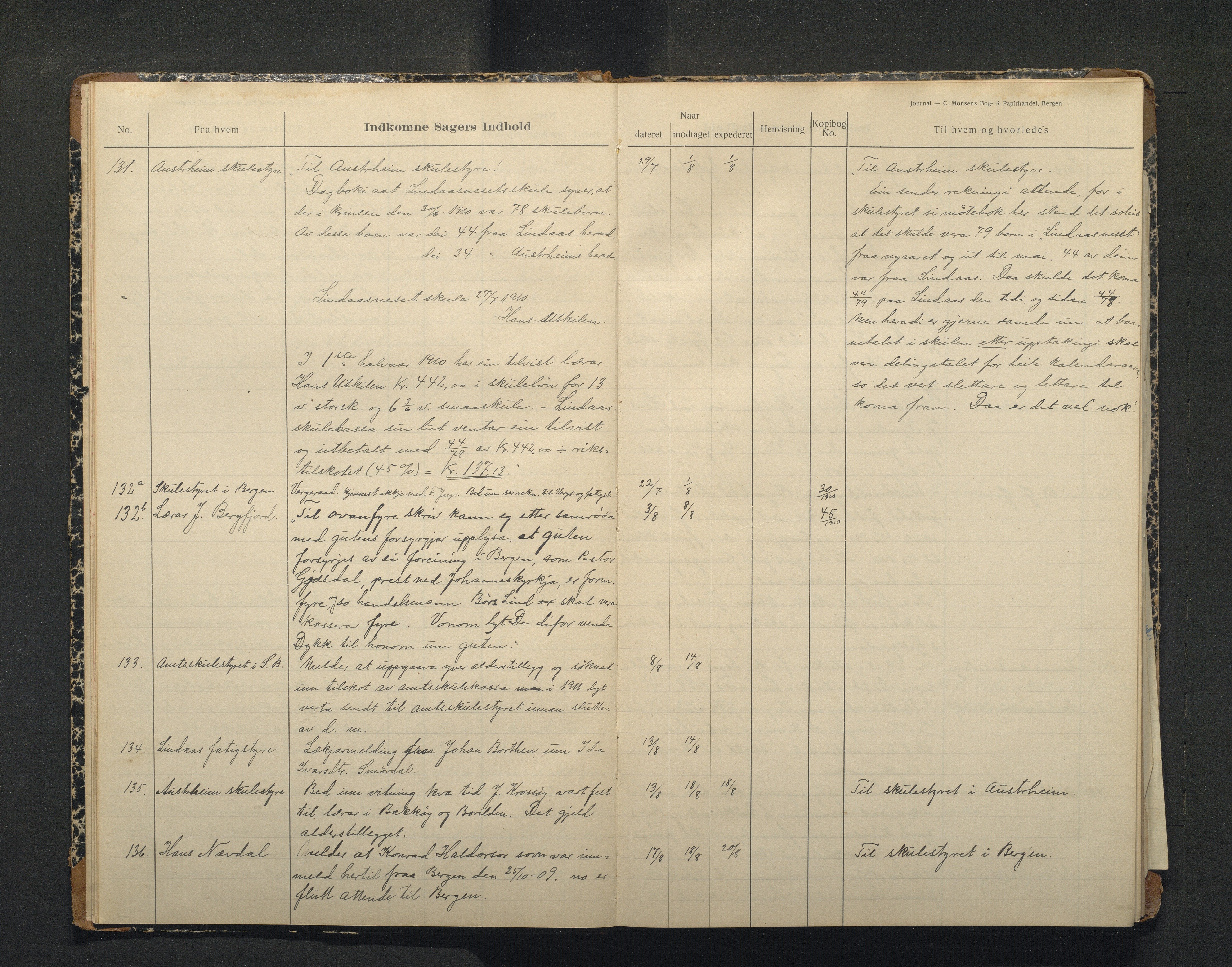 Lindås kommune. Skulestyret, IKAH/1263-211/C/Ca/L0004: Postjournal for Lindås skulestyre, 1910-1912