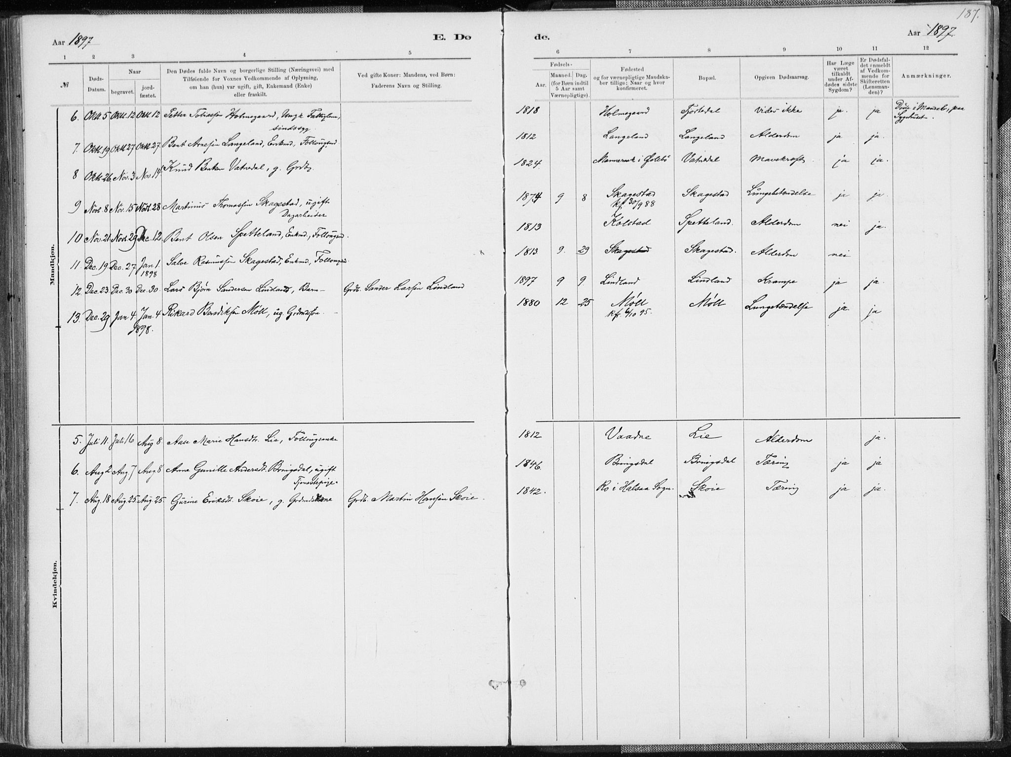 Holum sokneprestkontor, SAK/1111-0022/F/Fa/Faa/L0007: Parish register (official) no. A 7, 1884-1907, p. 187