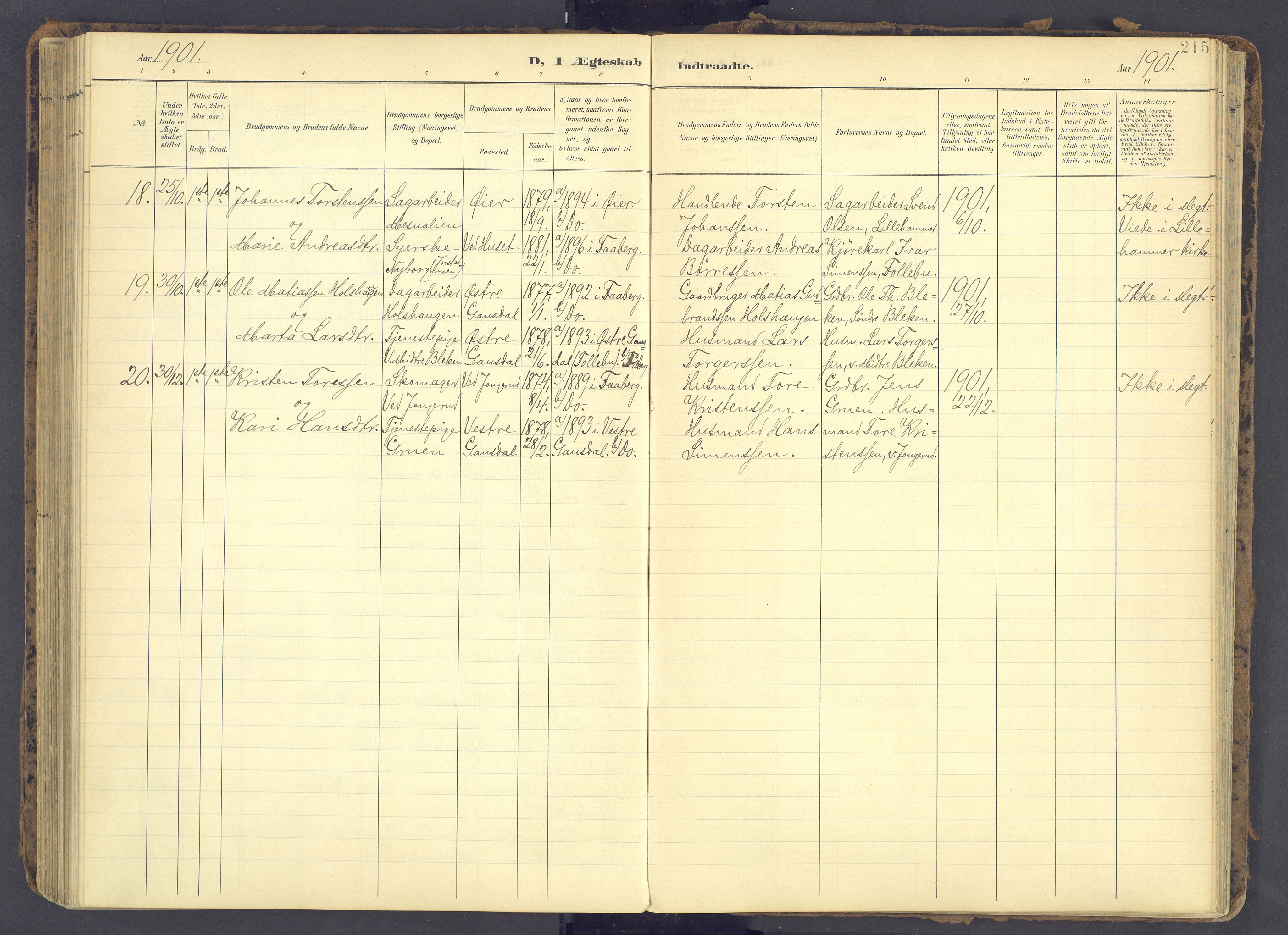 Fåberg prestekontor, SAH/PREST-086/H/Ha/Haa/L0012: Parish register (official) no. 12, 1899-1915, p. 215