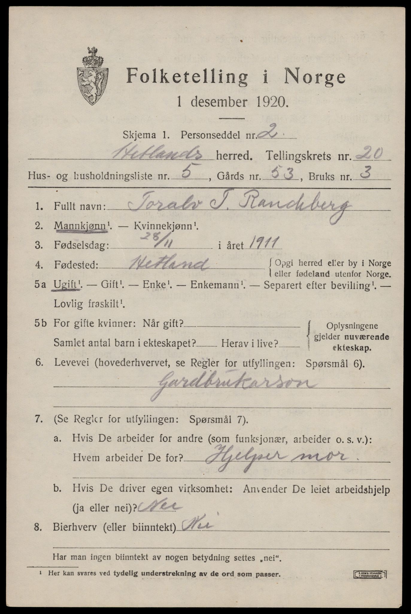 SAST, 1920 census for Hetland, 1920, p. 26497